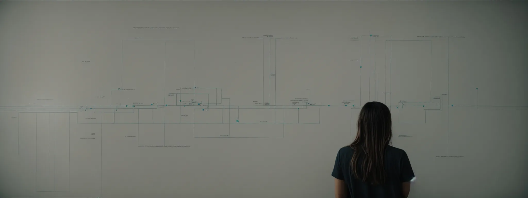 a person examining a large diagram of a website's structure on a wall, looking focused and determined.