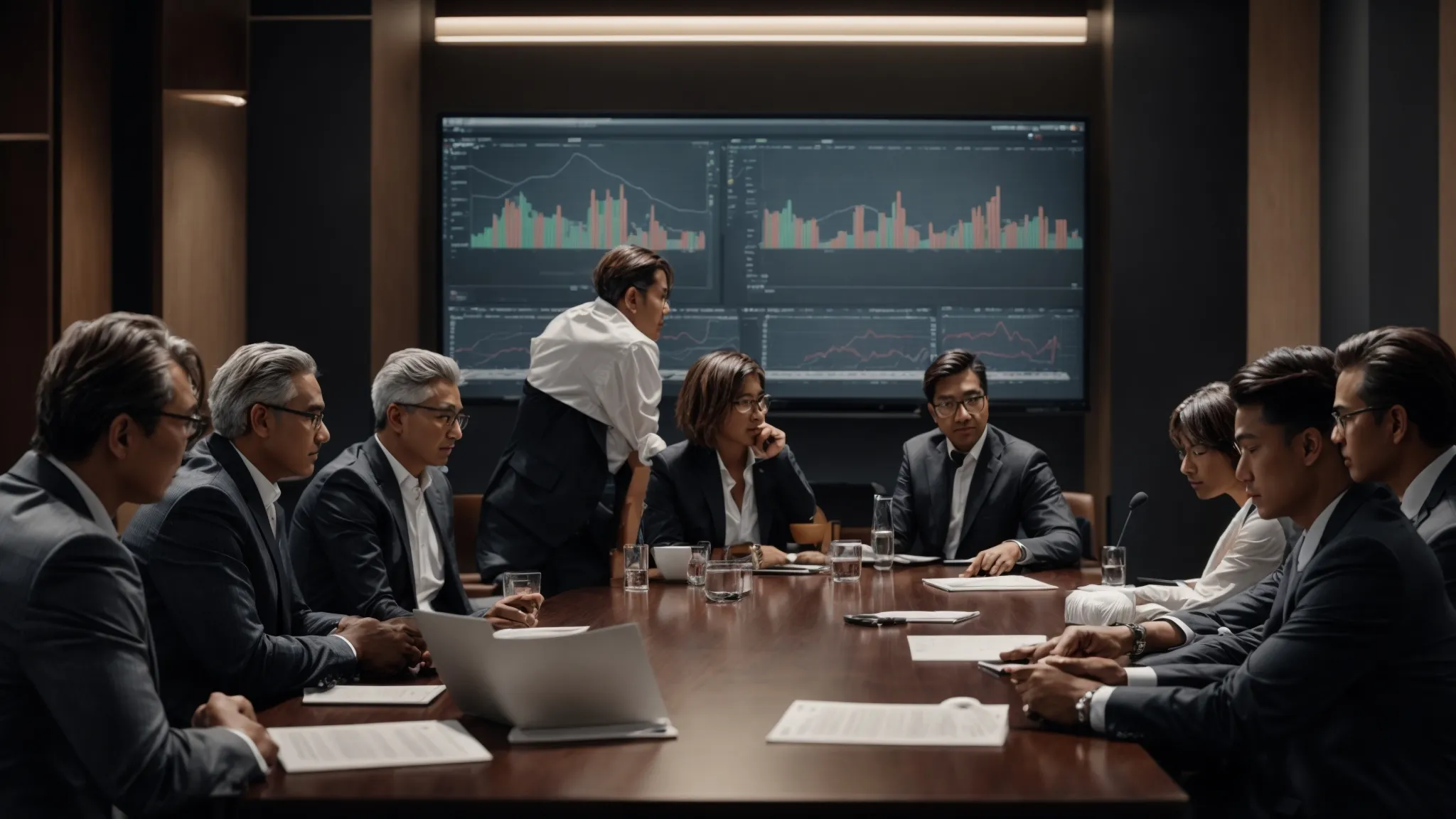 a group of professionals gathers around a conference table, intently discussing charts and strategies displayed on a large screen.