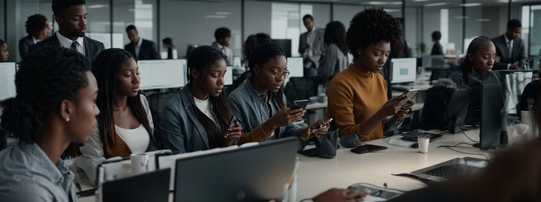 a group of diverse people engaged with their smartphones and computers in a hi-tech office environment, collaboratively analyzing charts and data.