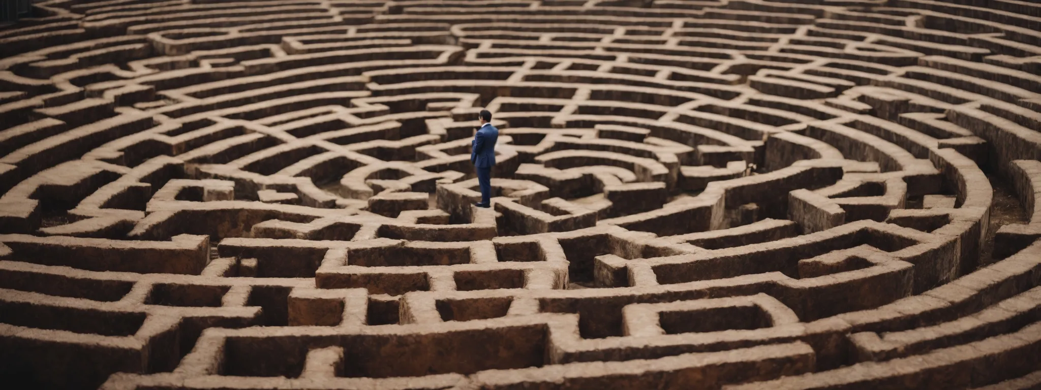 a pensive businessperson contemplating a labyrinth, symbolizing the complexities of seo payment structures.