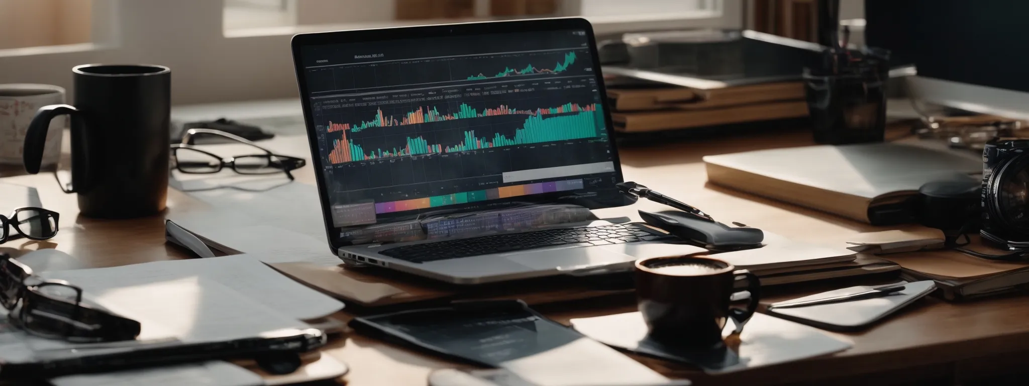 a neatly arranged desk with a computer showing colorful charts and graphs on the screen, surrounded by a notepad, a cup of coffee, and a pair of glasses.