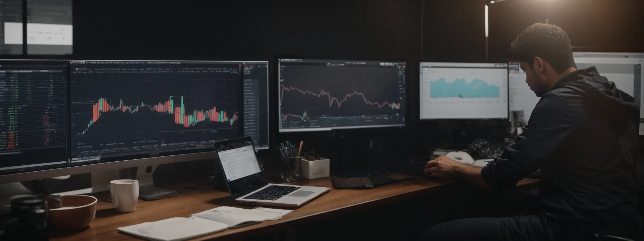 a digital marketing team analyzes graphs on a computer displaying google ads performance metrics.