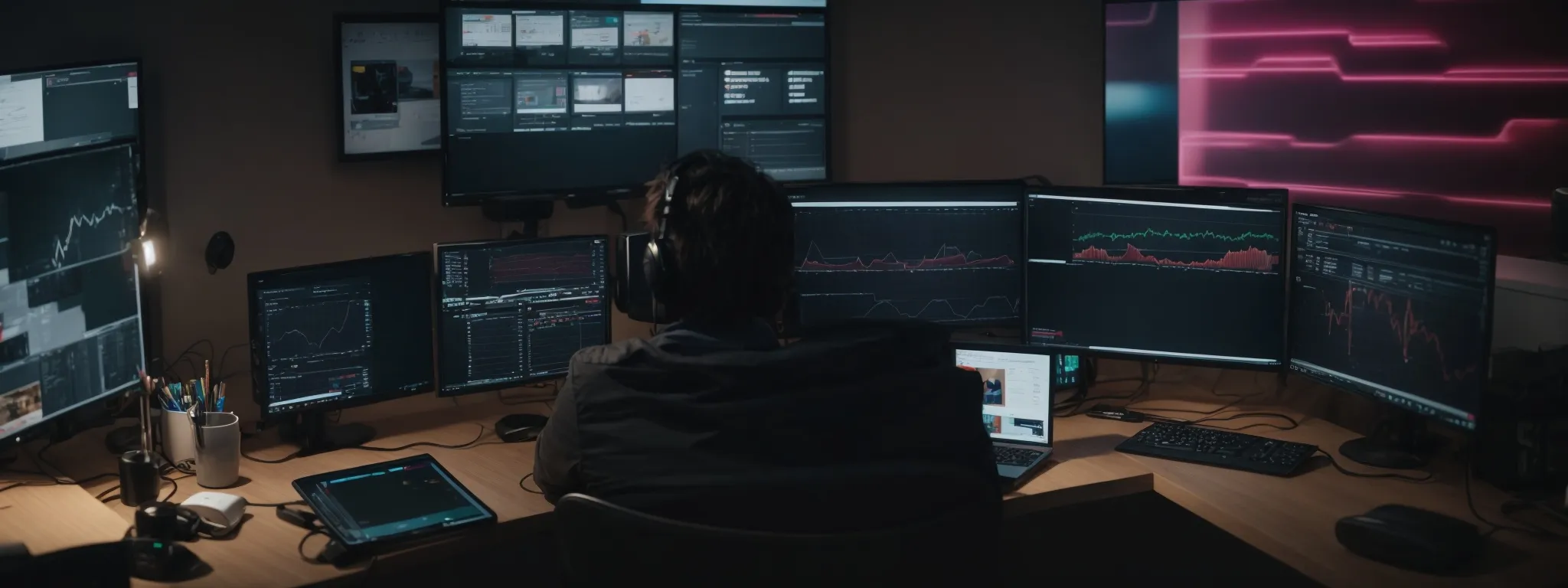 a content creator sits at a desk with two monitors displaying graphs and analytics while filming a tiktok video.