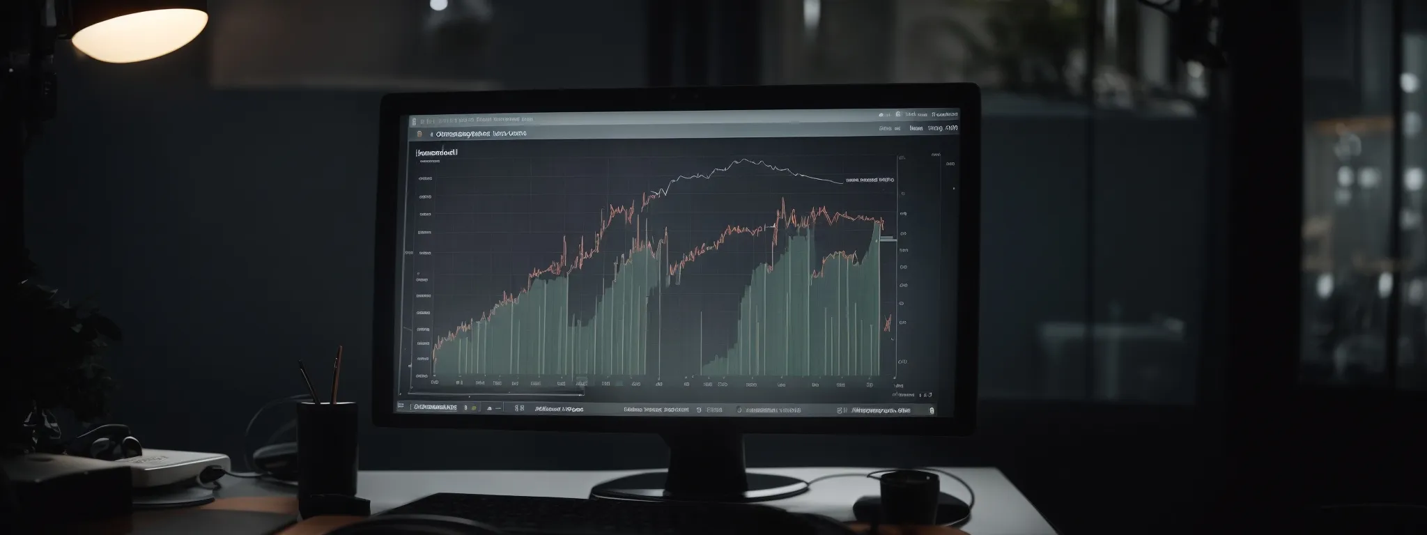 a computer screen displaying analytics for website traffic and a graph showing growth trends.