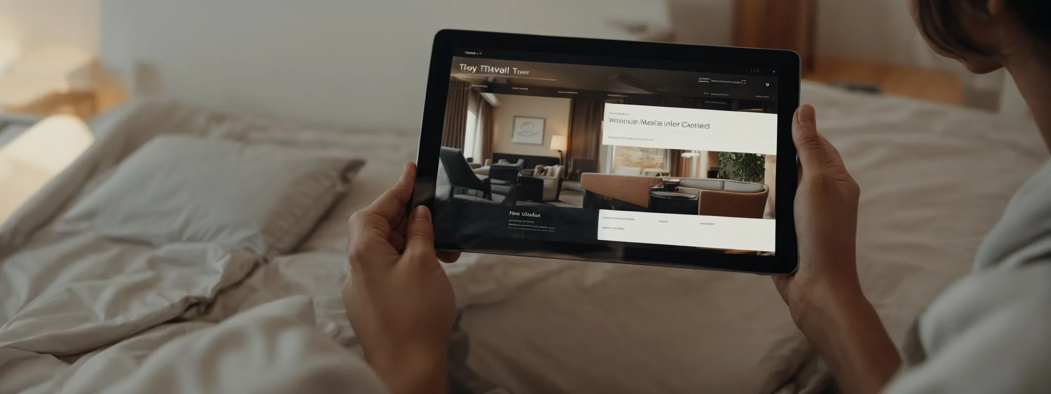 a traveler interacts smoothly with a sleek, modern hotel booking website on a tablet.