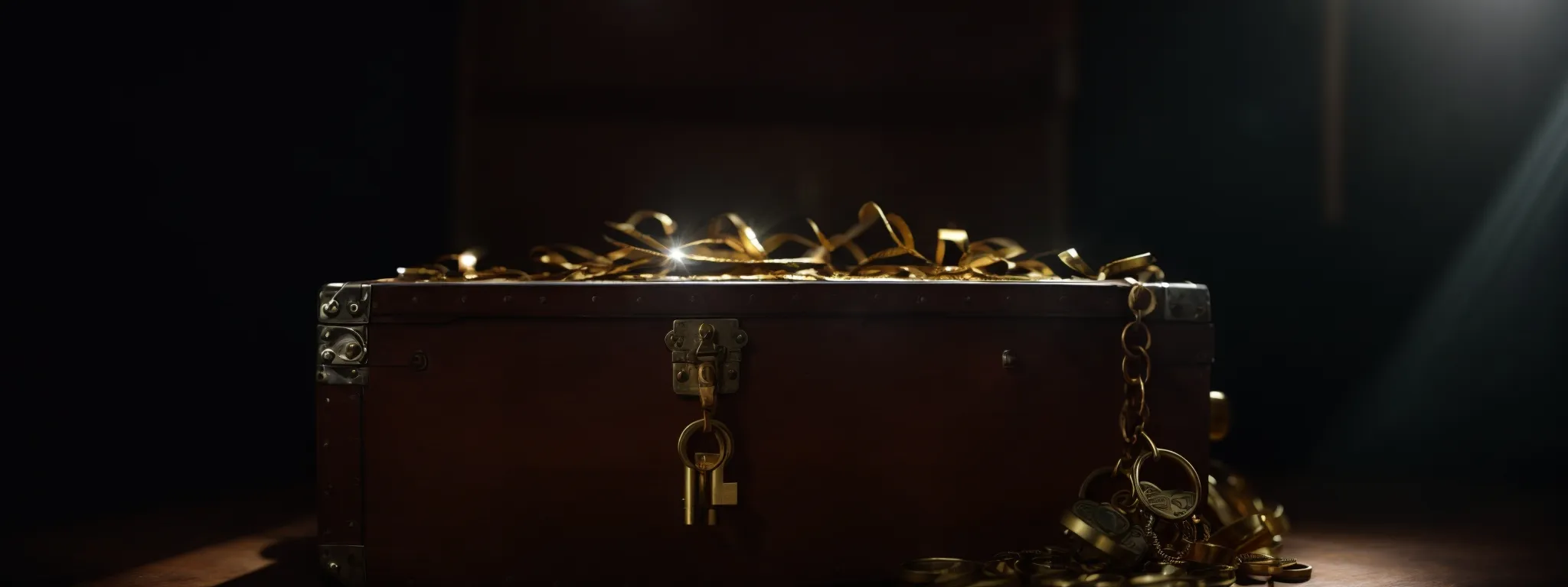 a locked treasure chest with a visible keyhole situated in a spotlight, hinting at valuable content within.