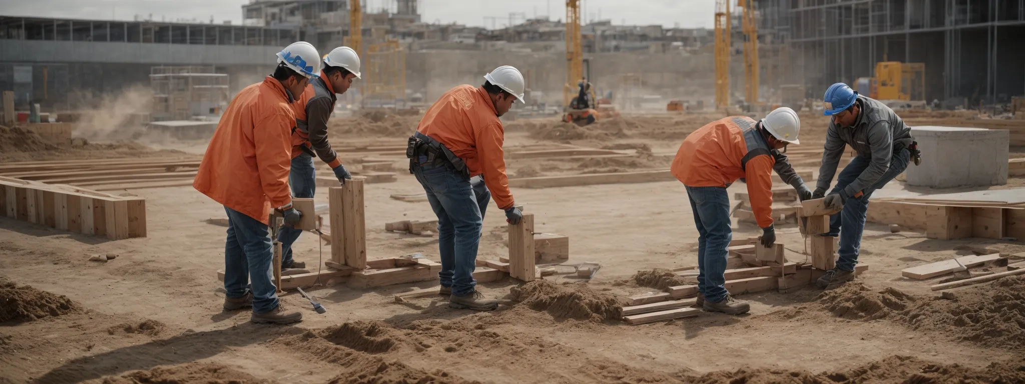 a group of construction workers consults a blueprint while methodically arranging foundation blocks on a clear, organized building site.