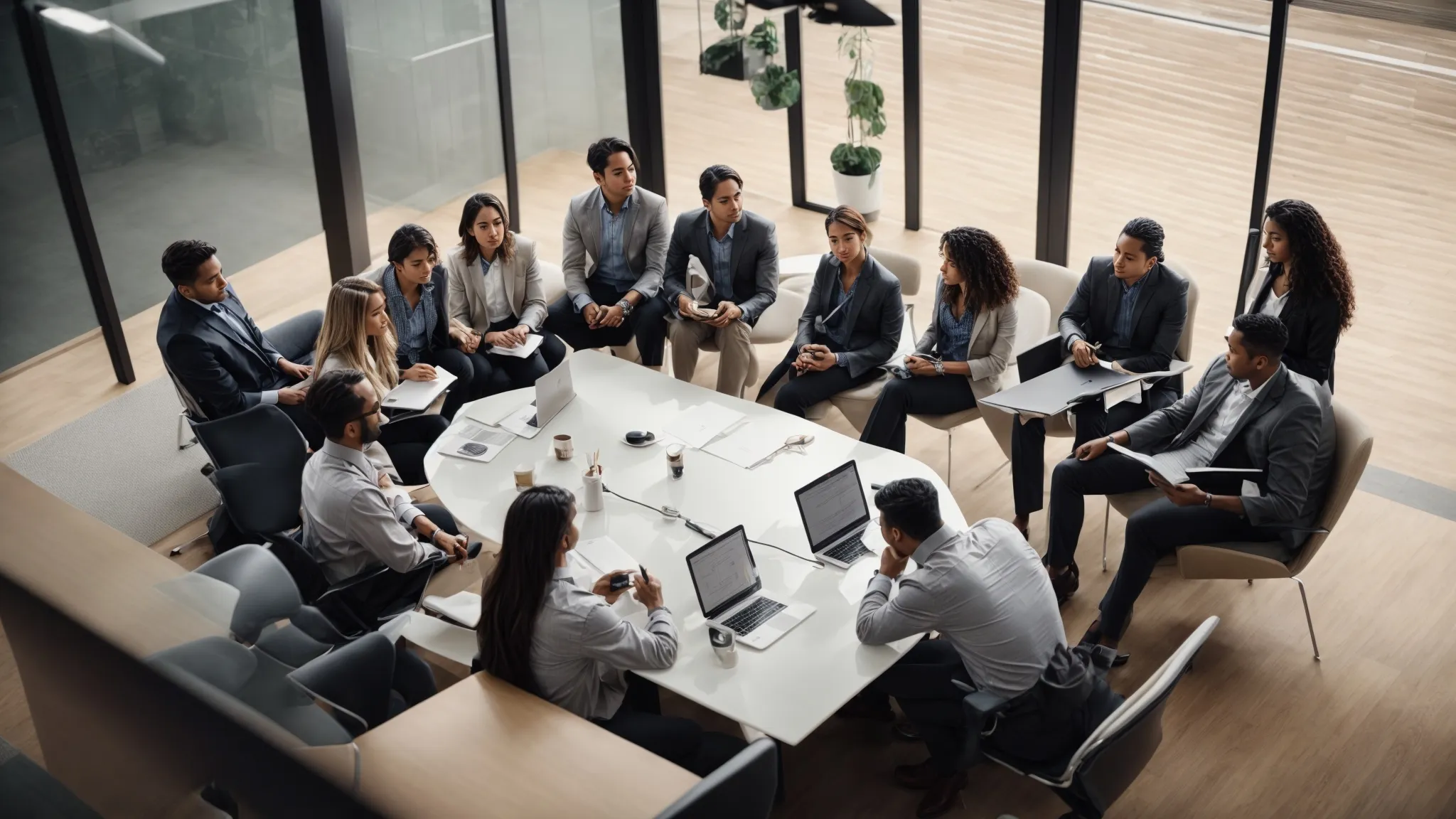 a group of professionals gathered around a modern conference table, actively engaged in a dynamic brainstorming session.