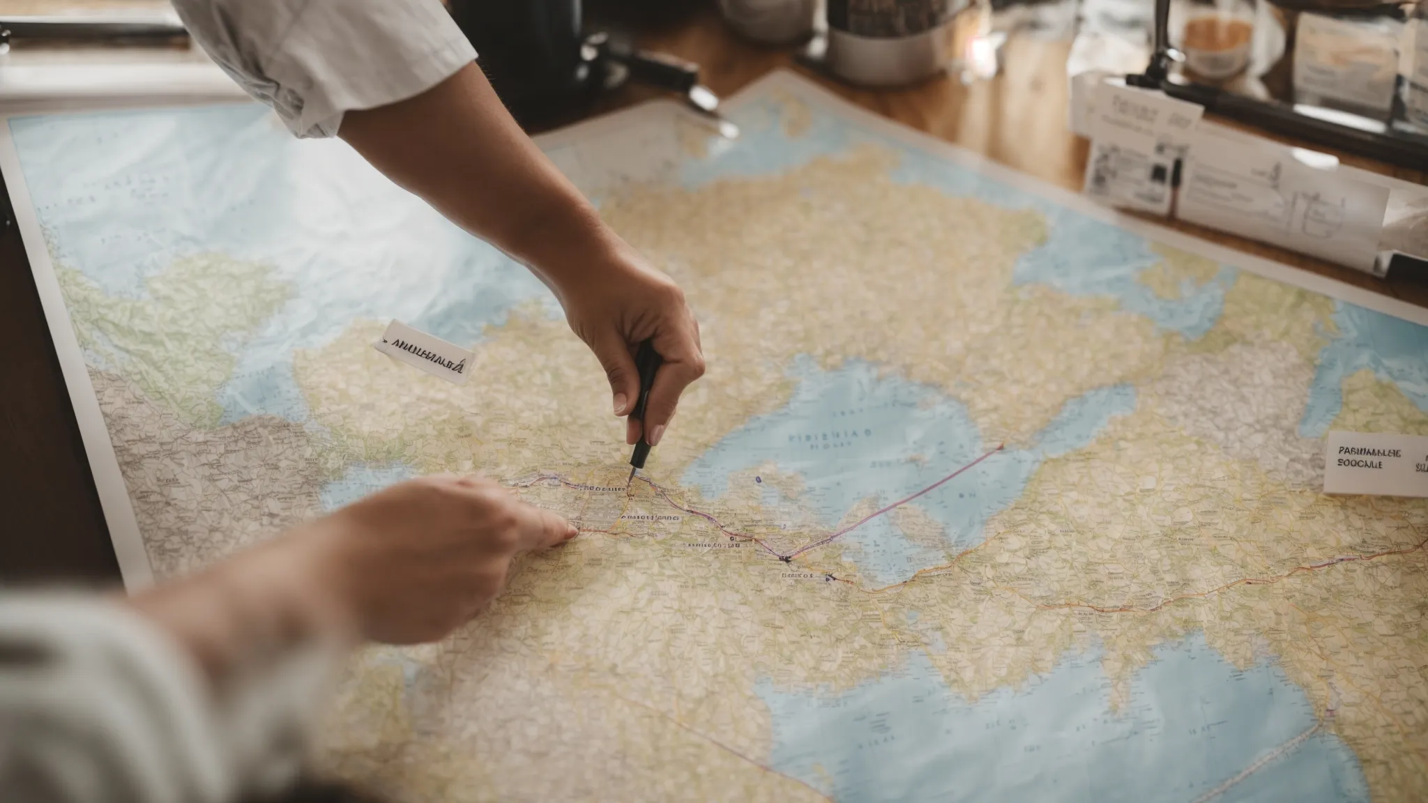 a person placing labeled markers on a map, with various business types like cafe, bookstore, and salon highlighted.