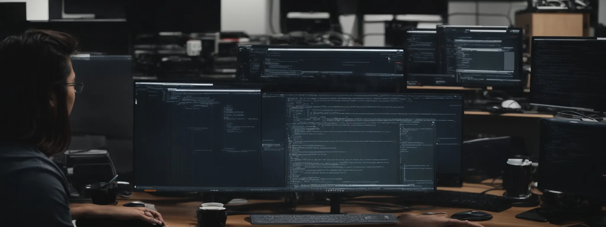 a web developer scrutinizes the balance between a sleek, modern website interface and optimized seo configurations on a computer screen.