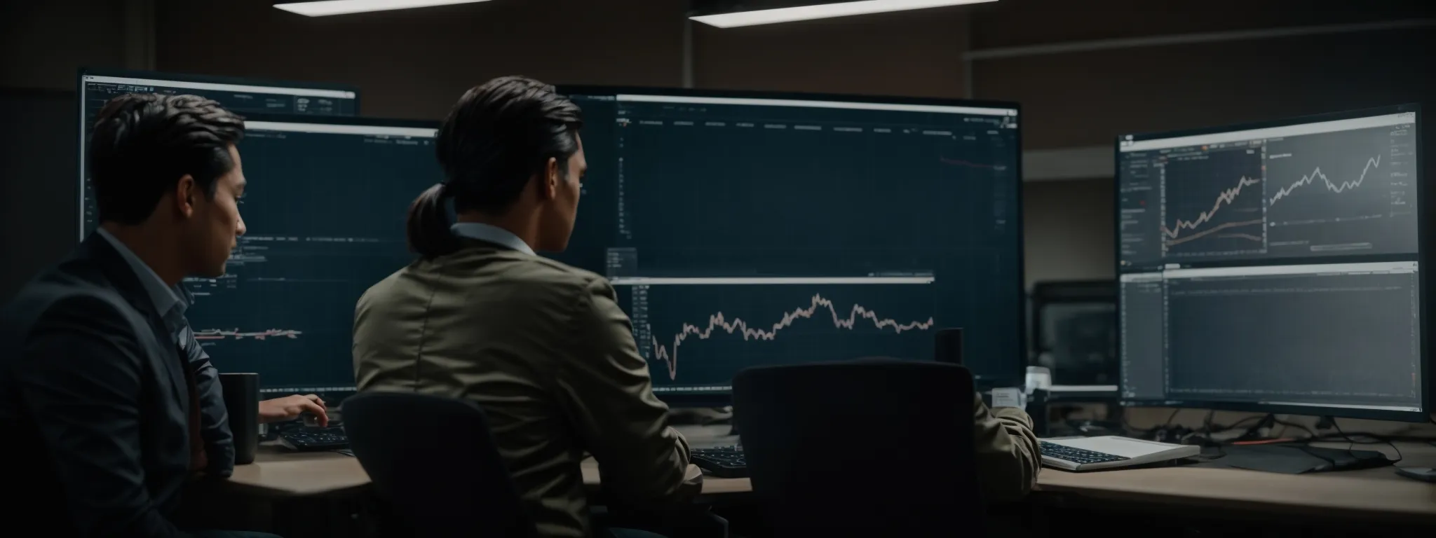 two professionals analyzing data graphs on a computer screen to optimize digital marketing strategies.