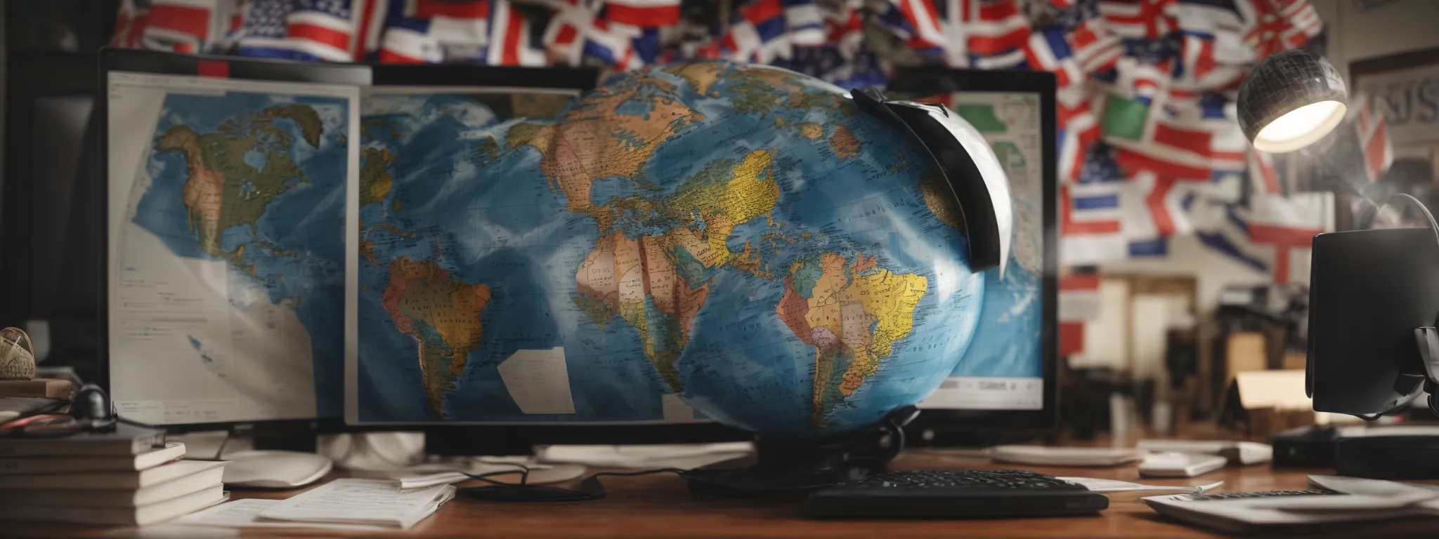 a globe surrounded by various flags, with a computer and maps in the background, symbolizing international seo strategy.