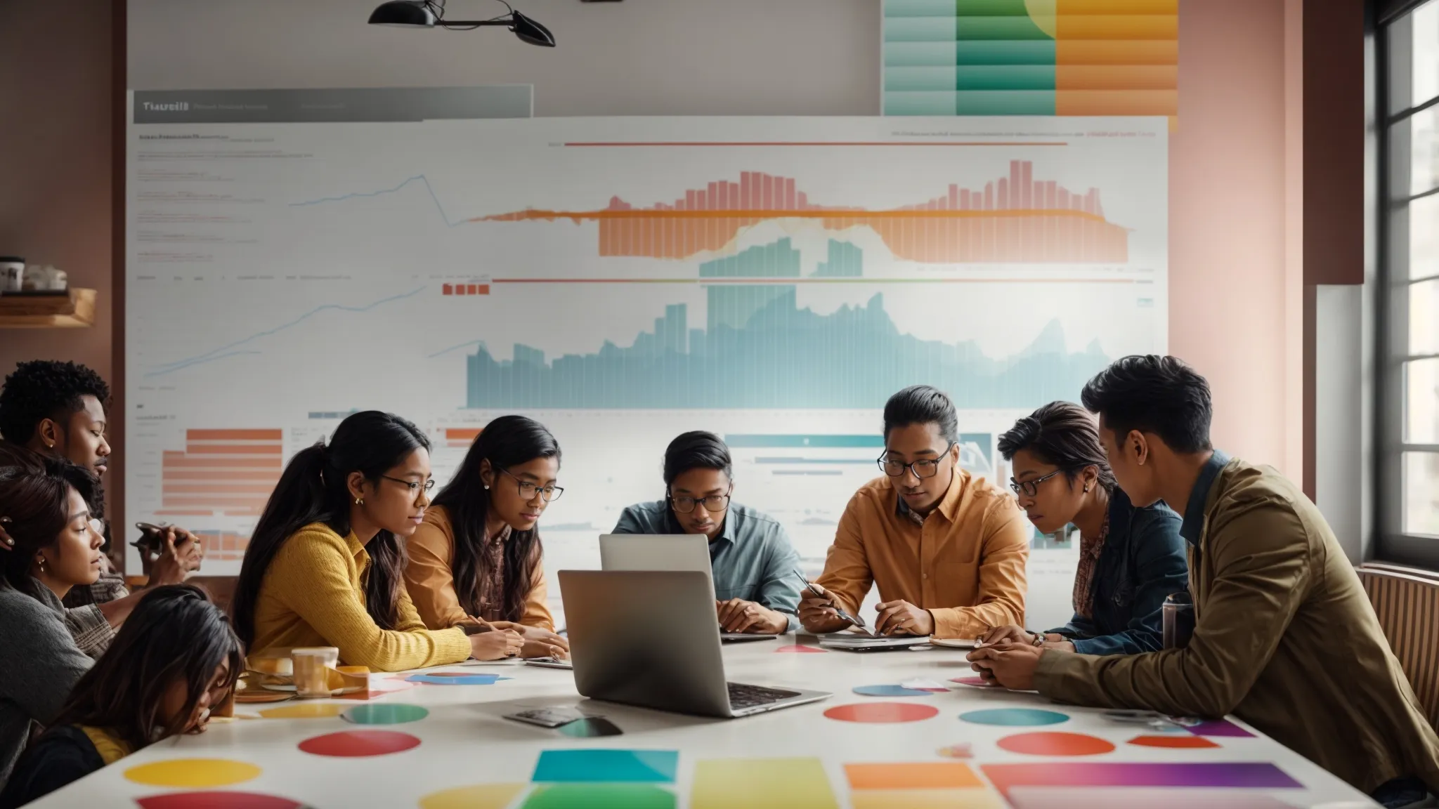 a group of people gathered around a table, intently focusing on a laptop displaying colorful graphs and social media metrics.