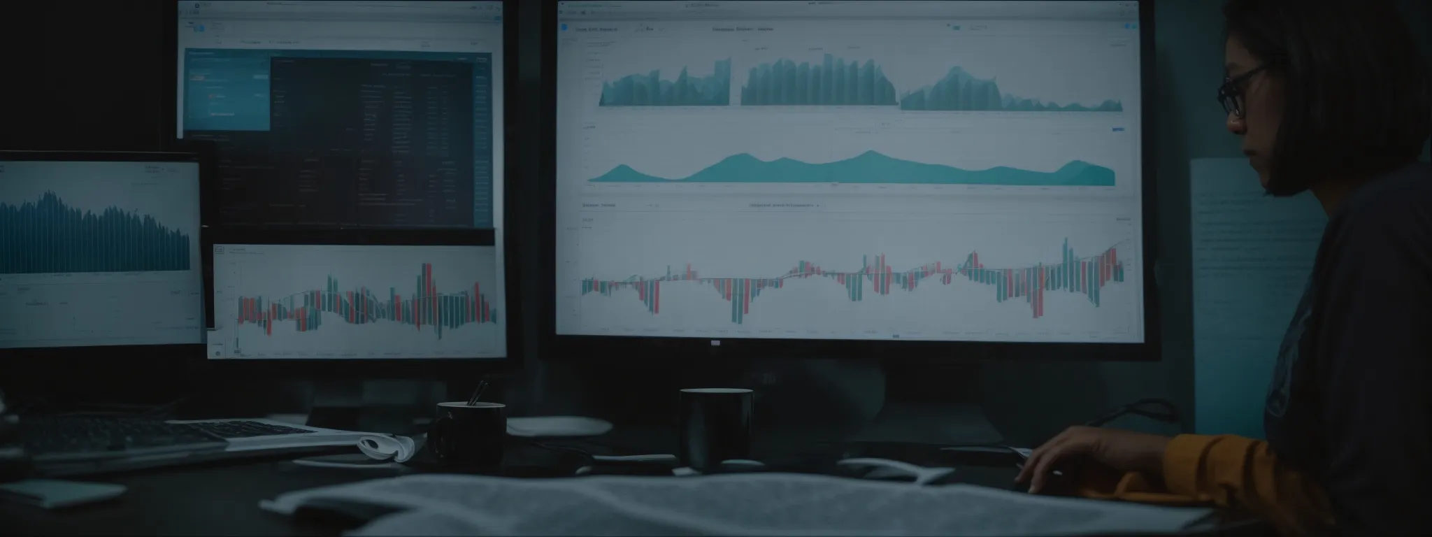 a person intently studying graphs and charts on a computer screen reflecting website analytics.