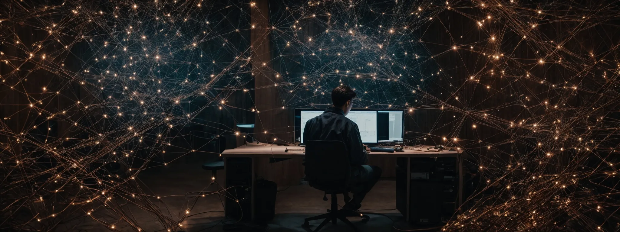 a person sitting at a computer surrounded by a web of interconnected nodes symbolizing the complexity and strategy behind seo content creation.