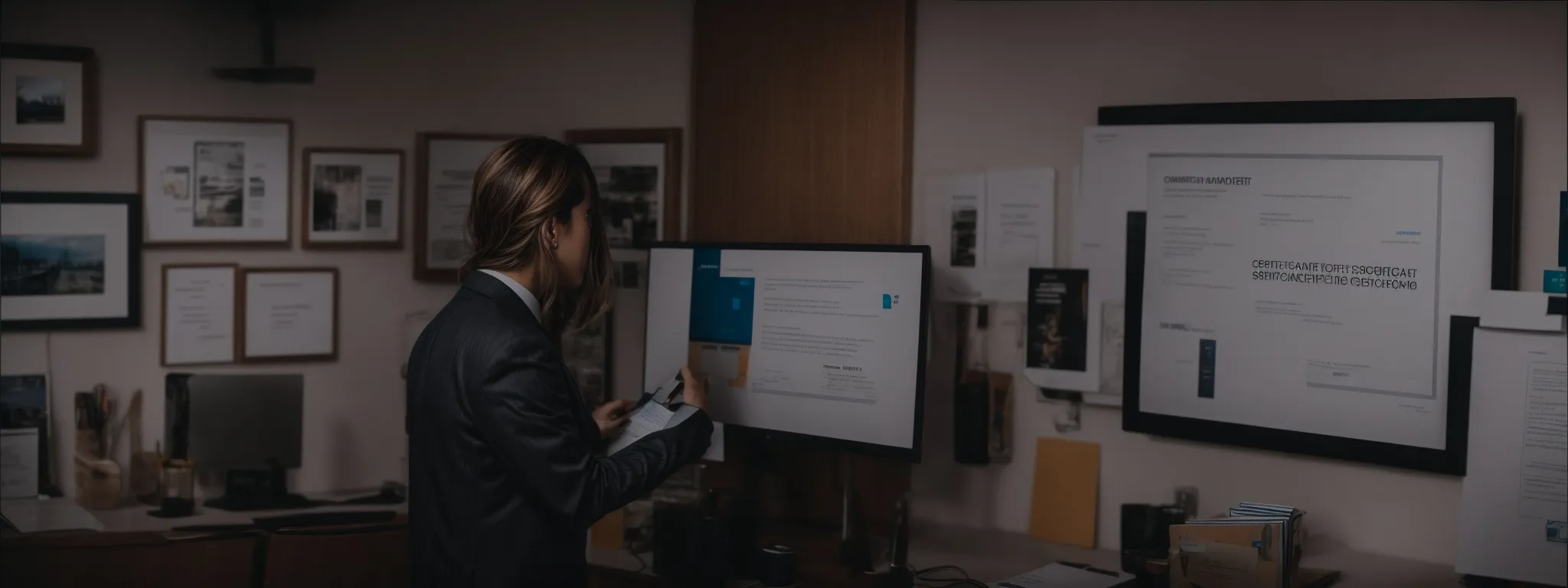 a marketer proudly displays a framed seo certification on an office wall, symbolizing professional credibility in the digital marketing realm.