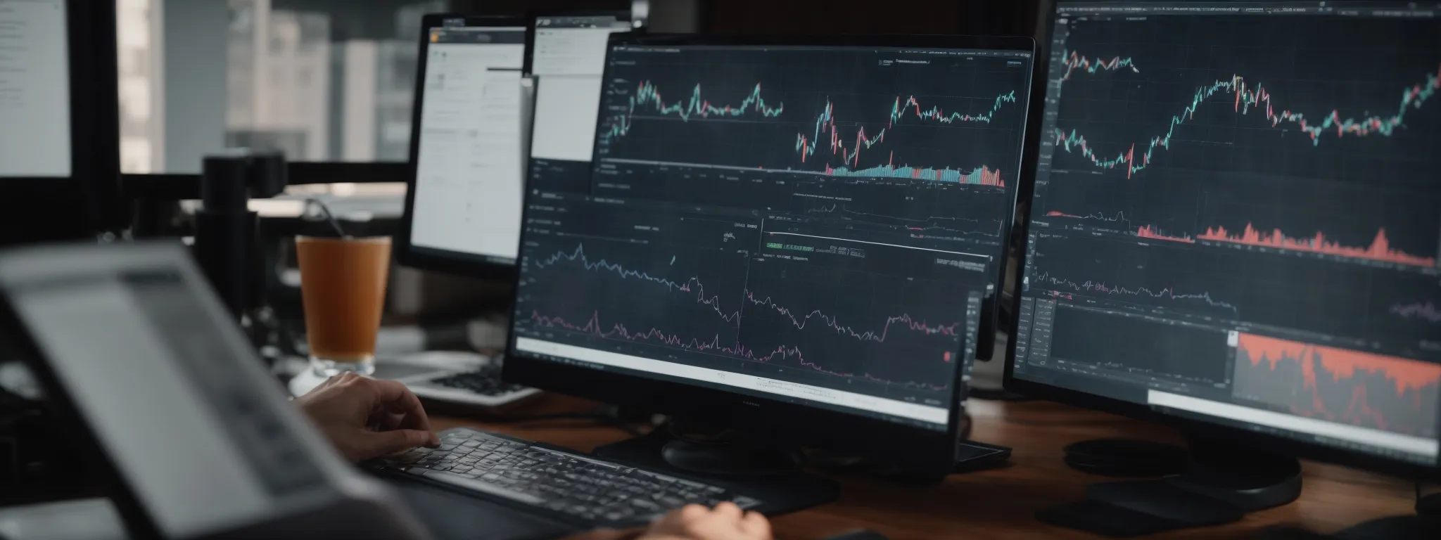 a digital marketing team analyzes graphs and charts on a computer, reflecting trends in website traffic and seo performance.