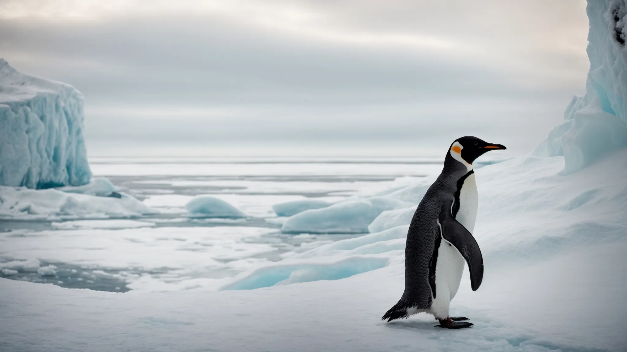 a penguin stands prominently on an icy landscape, surveying its territory.