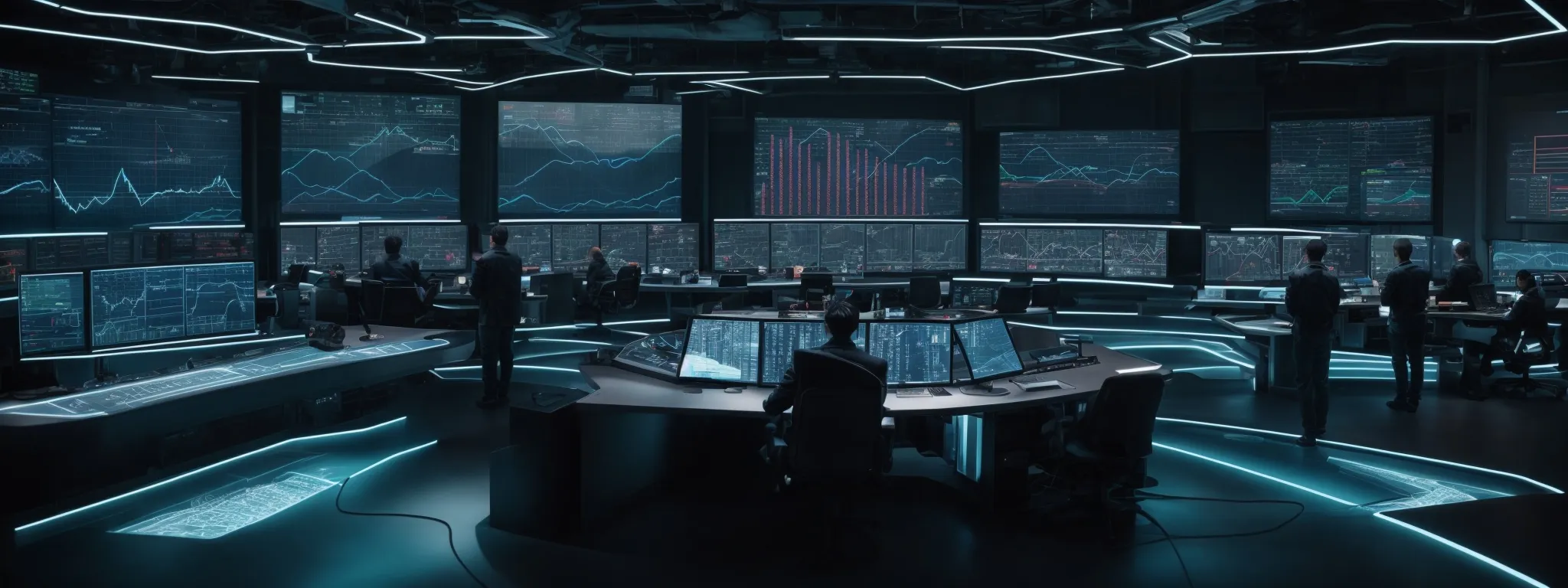 a futuristic control room with interactive 3d graphs floating above a central high-tech table as seo professionals analyze data patterns.
