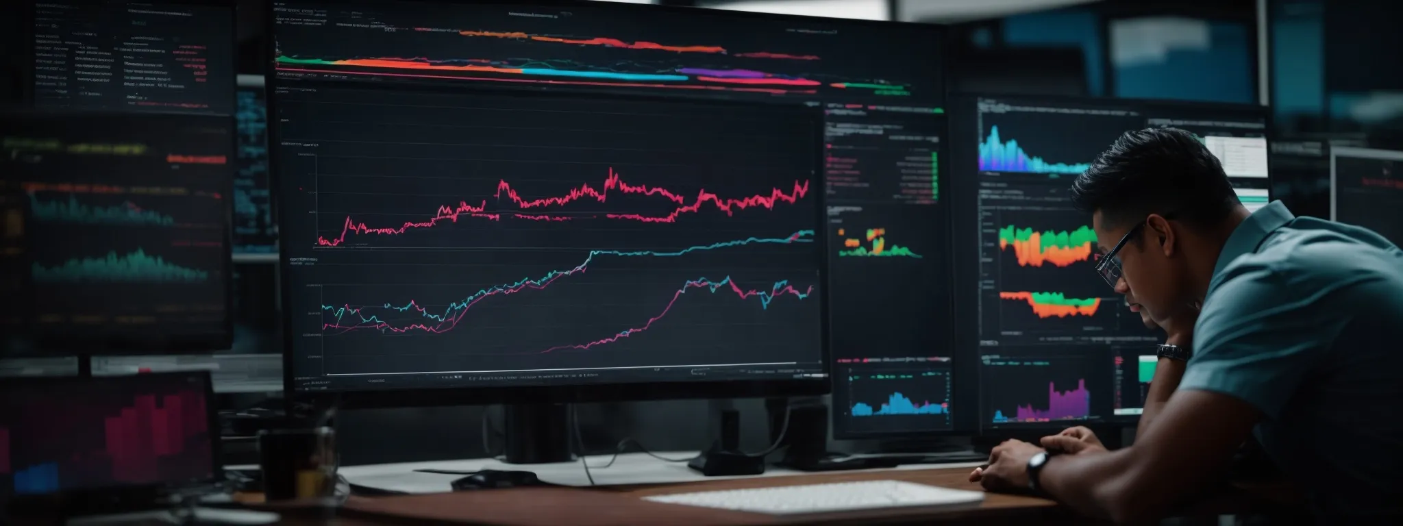 a business analyst observes colorful graphs on a computer monitor, reflecting ecommerce performance metrics.