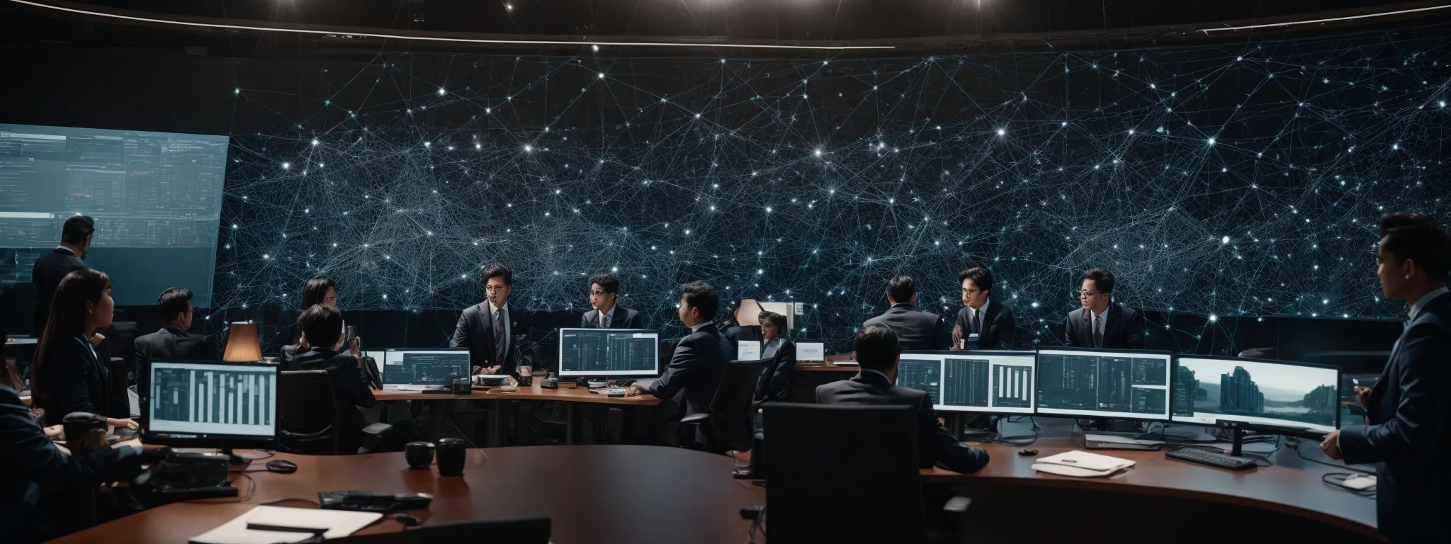 a group of business professionals gathered around a large monitor, analyzing a complex web of interconnected nodes representing a sophisticated seo strategy.