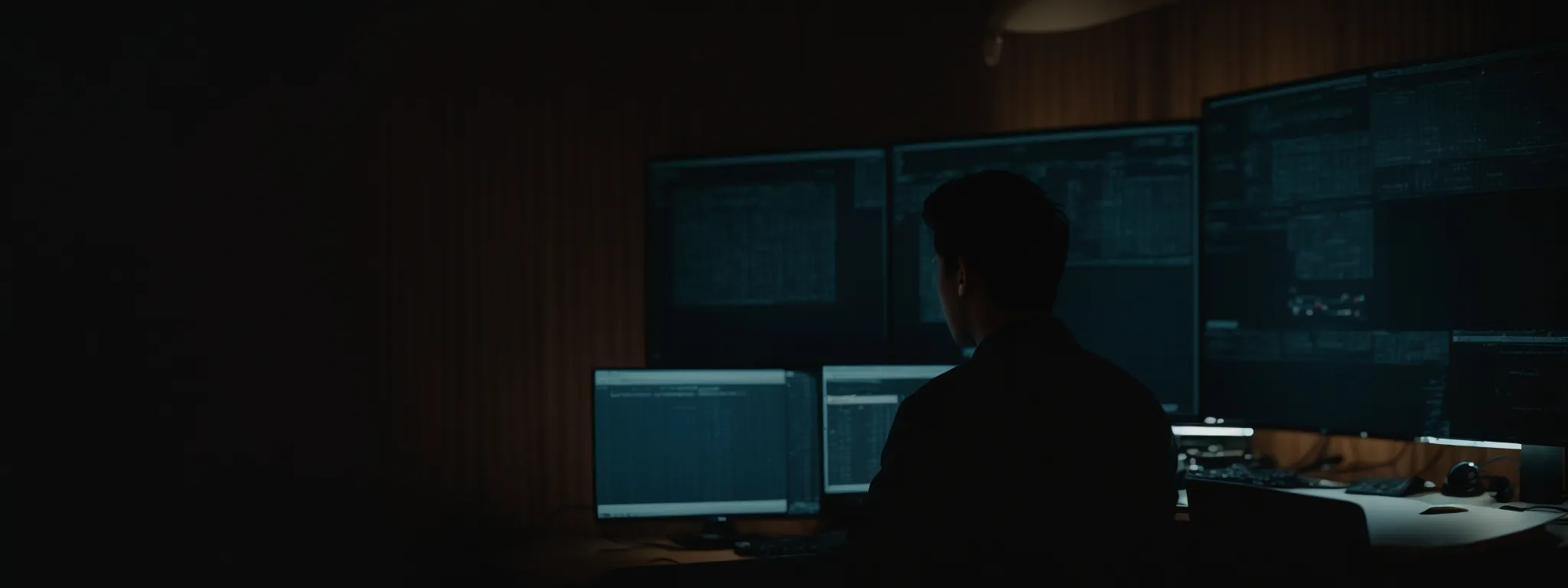 a man at a computer, visibly contemplating the search results on his screen in a dimly lit room.
