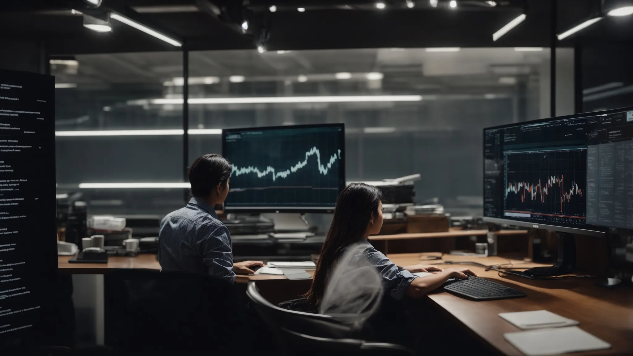 a professional at a computer overseeing a dashboard with email campaign analytics.