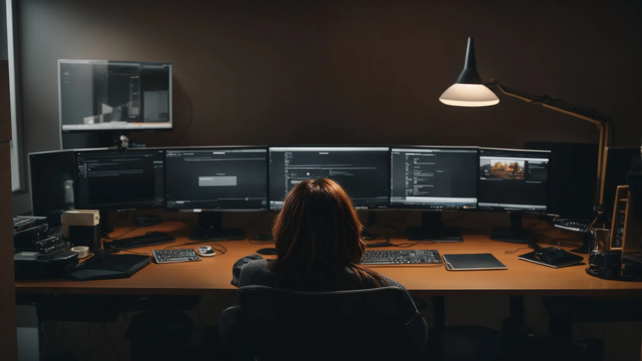 a person sitting at a desk with two computer monitors displaying different social media platforms.