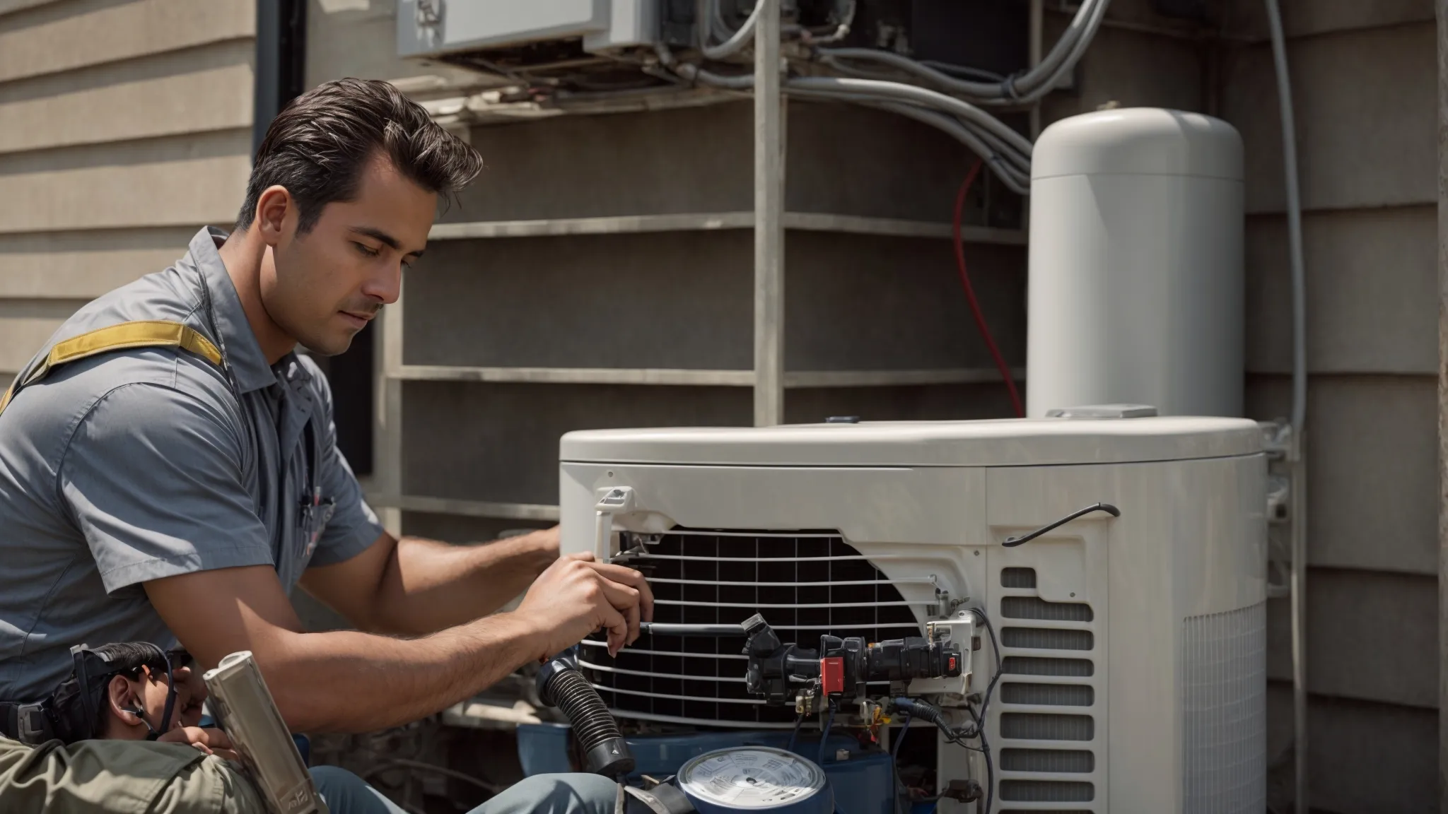 a professional hvac technician servicing a home air conditioning unit, symbolizing local service visibility.