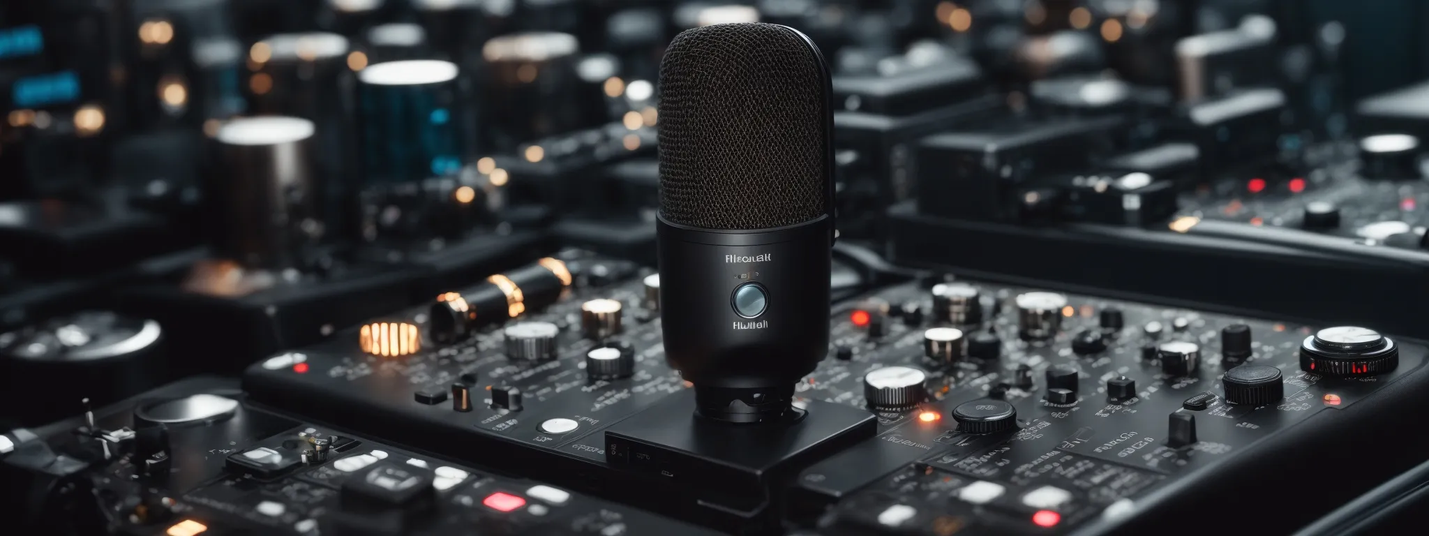 a microphone surrounded by digital icons representing analytics and innovation.