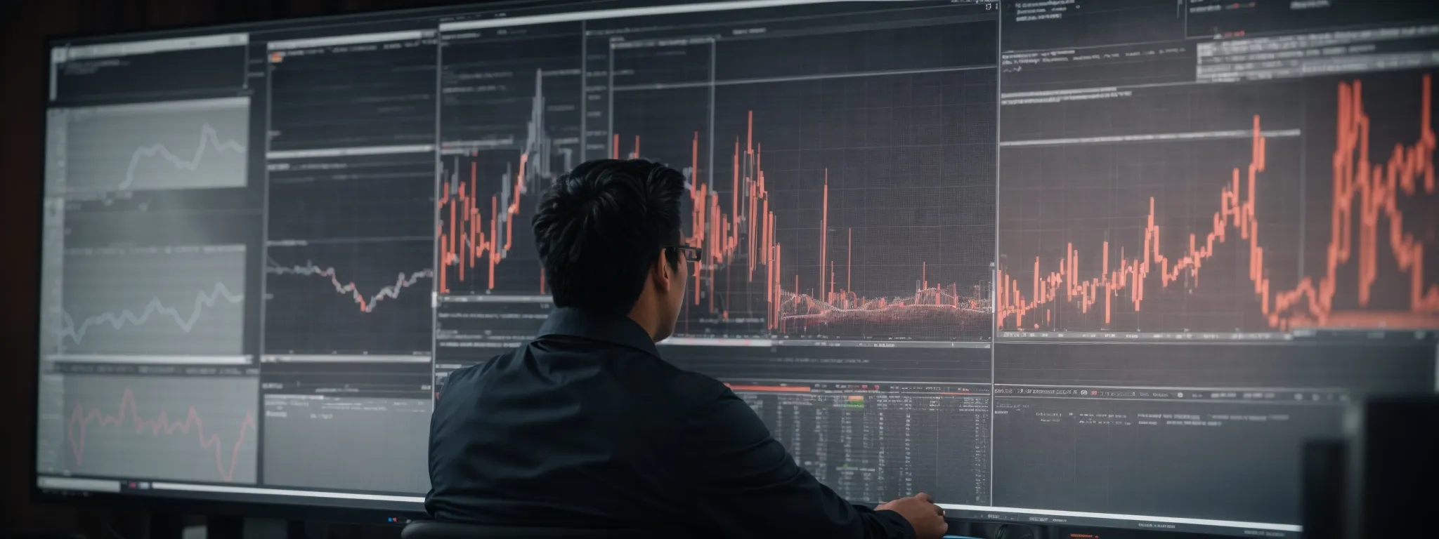 a person analyzes complex graphs and charts on a large monitor, reflecting advanced seo analytics.