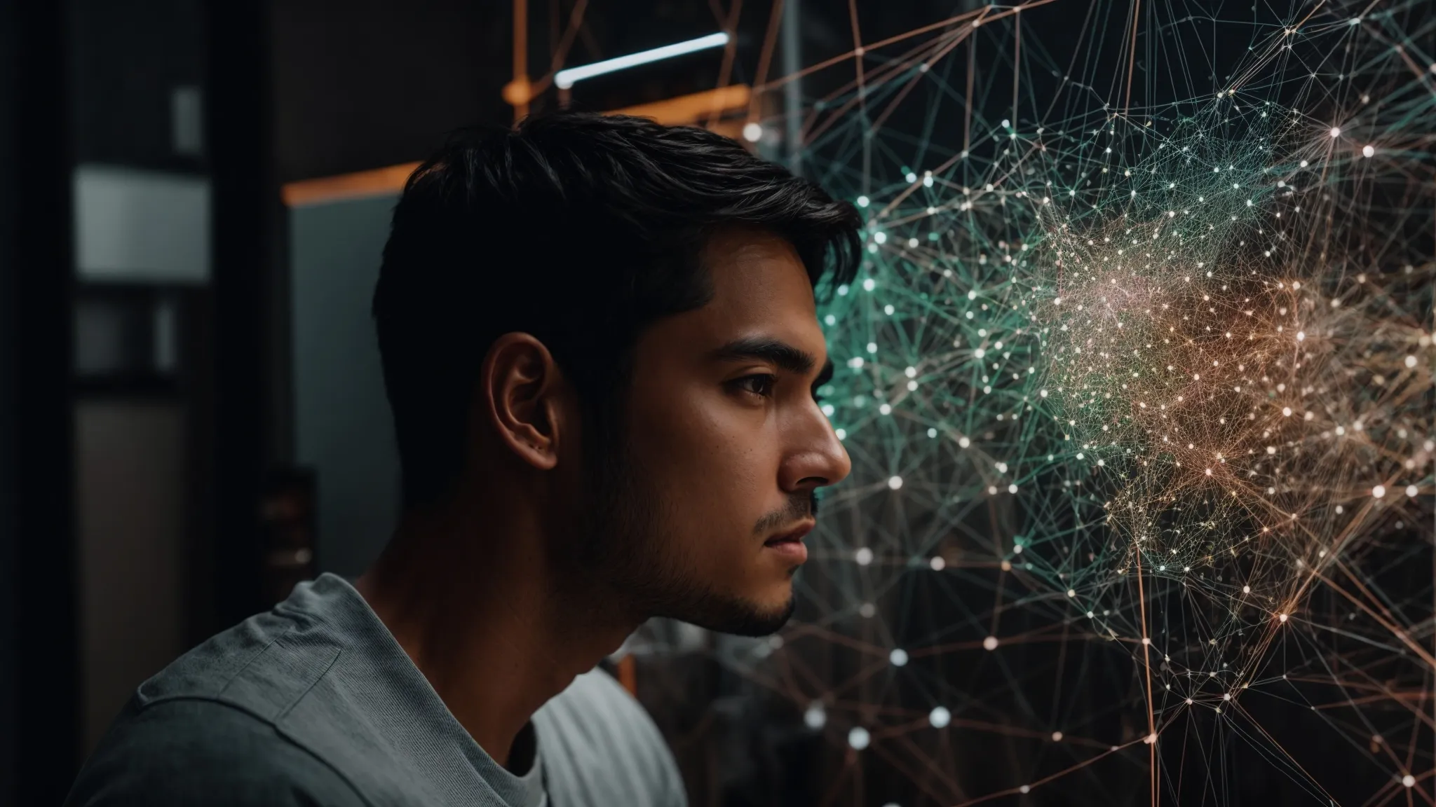 a webmaster intently scrutinizes a computer screen displaying a complex network map of interconnected nodes, symbolizing a website's backlink structure.