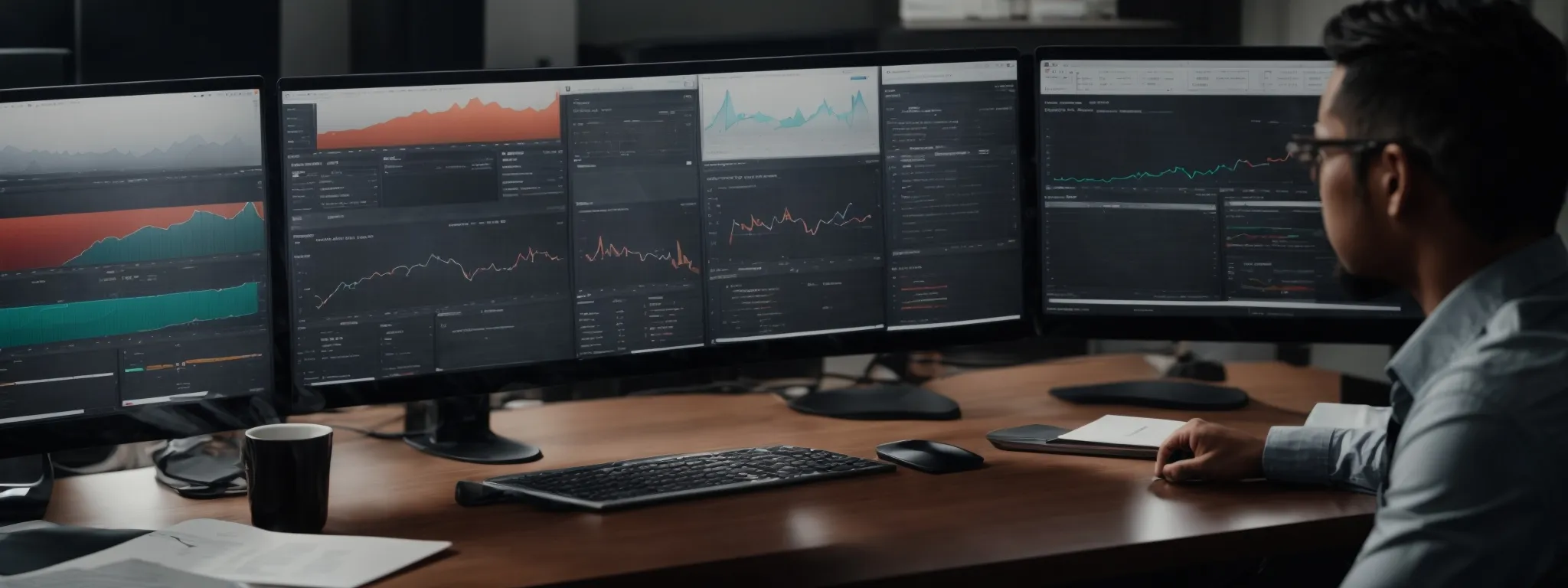 a person sitting at a modern desk with a computer screen displaying graphs and email templates, symbolizing strategy planning for customer retention.