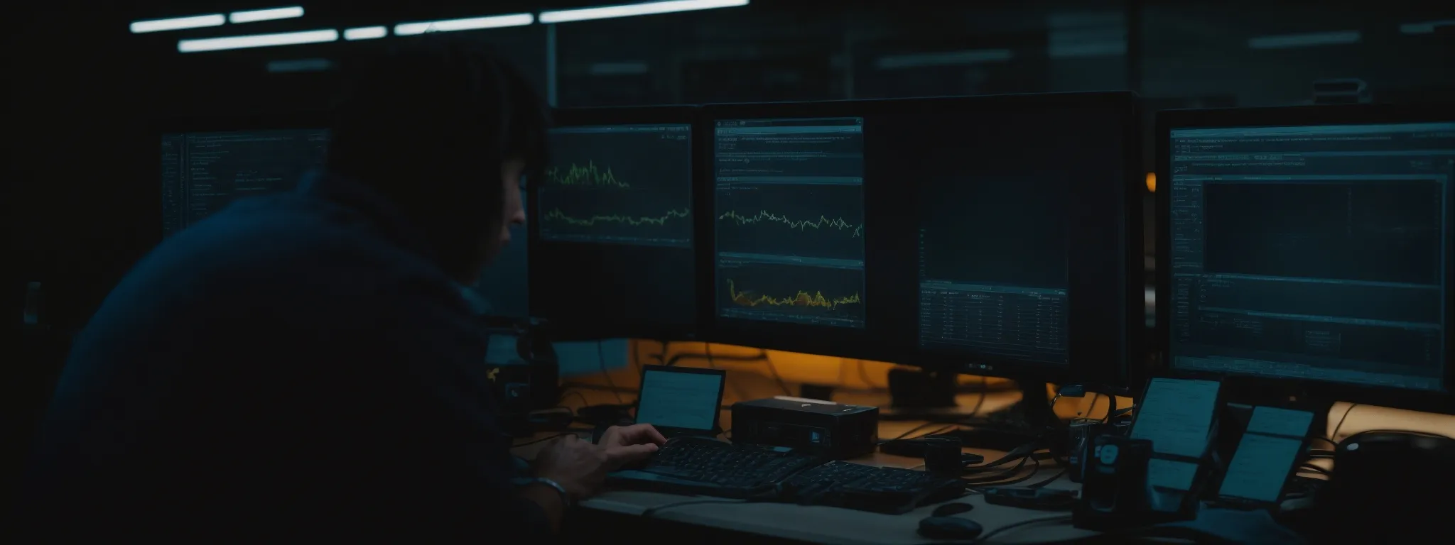 a professional at a computer analyzing website performance metrics on a dashboard.