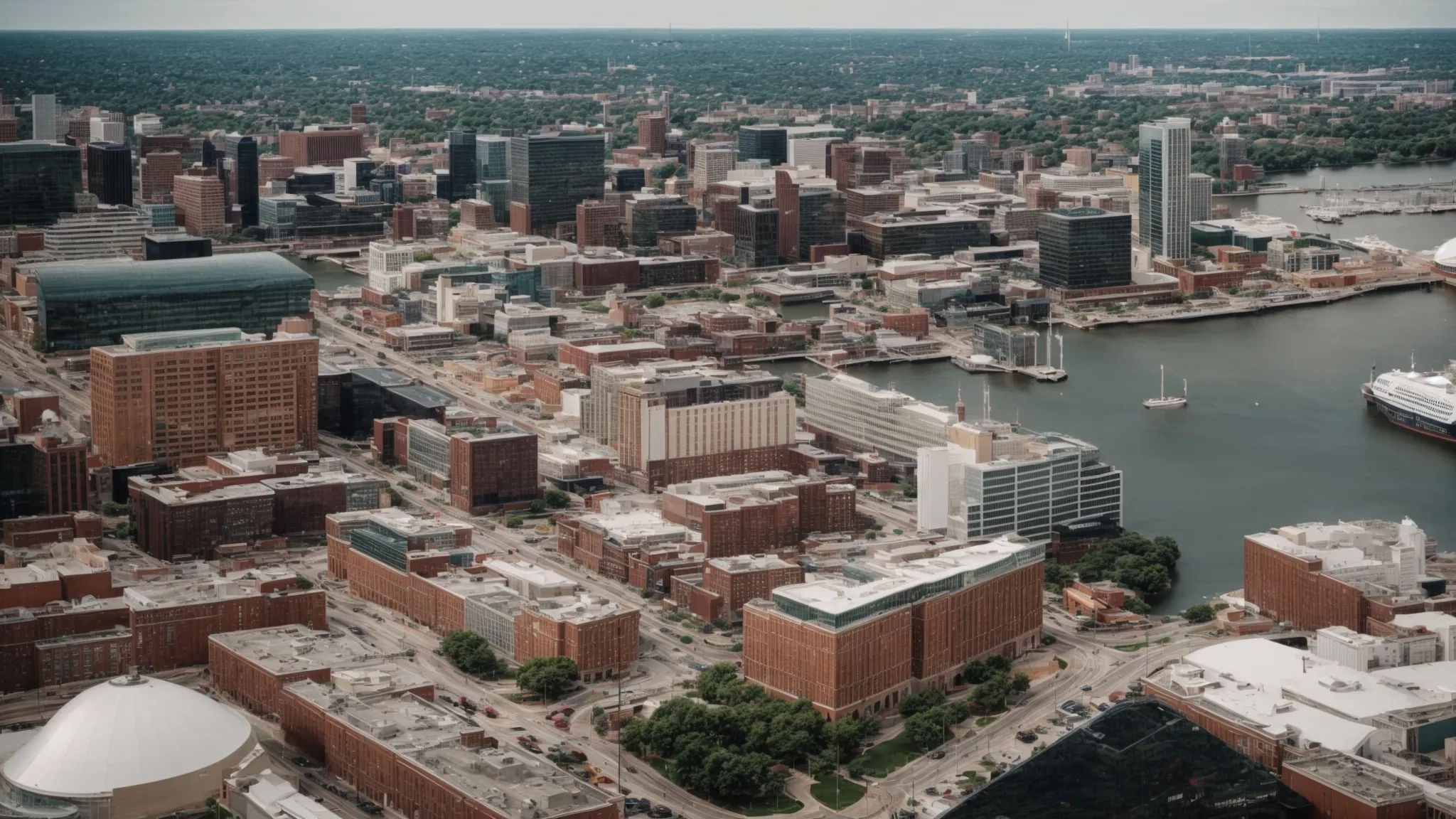a panoramic view of the baltimore skyline highlighting iconic buildings and the inner harbor.