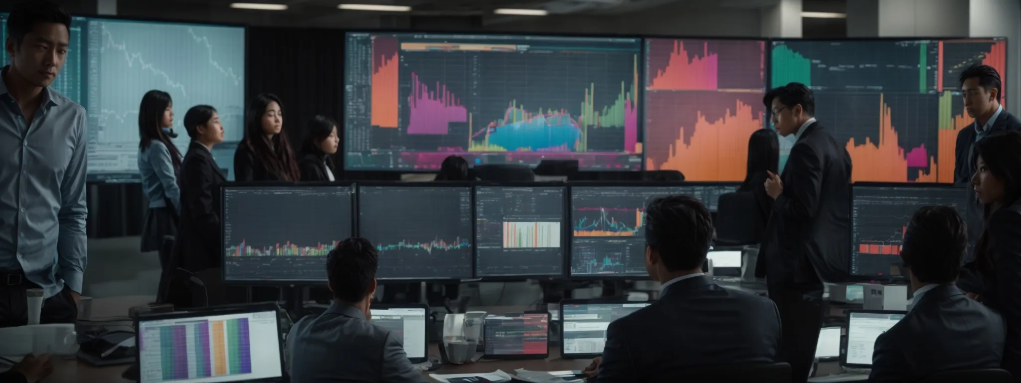 a team of professionals gathers around a conference table, analyzing data on multiple computer screens displaying colorful graphs and marketing metrics.