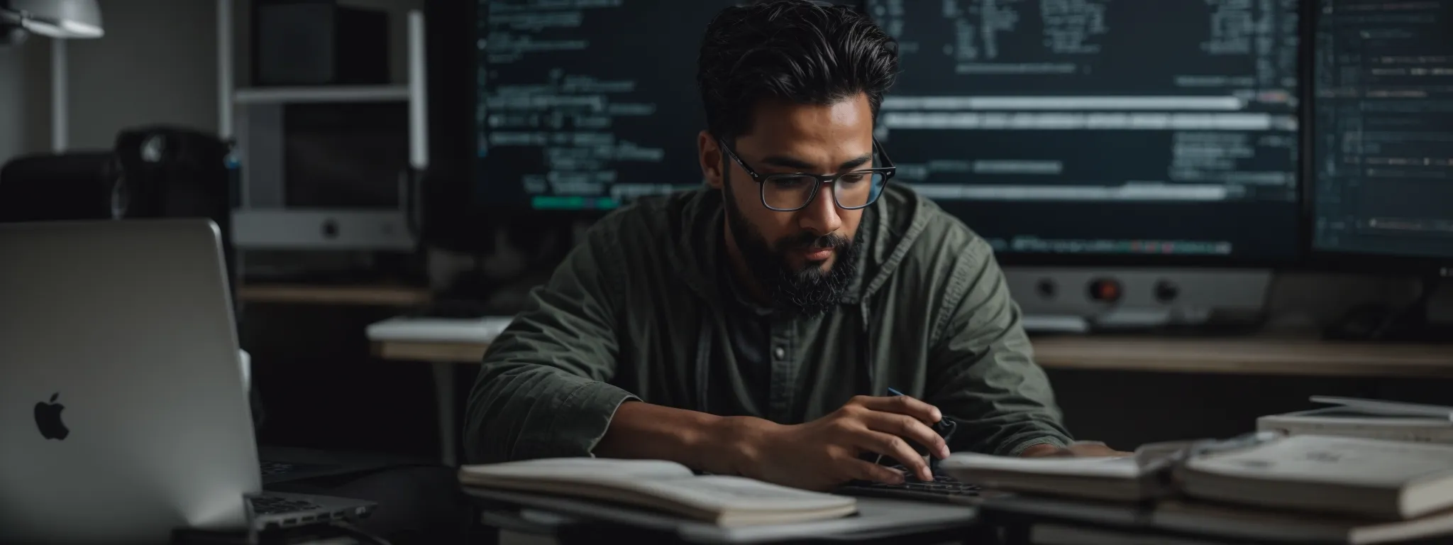 a focused individual types on a laptop surrounded by open web development books, illustrating the process of learning html and seo. 