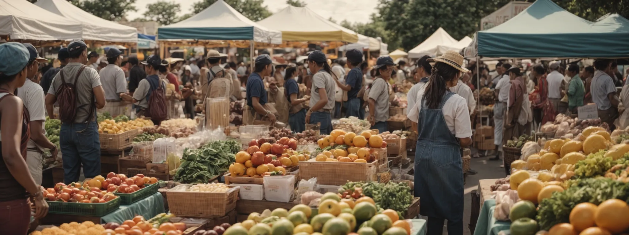 a bustling farmers' market with lively interactions between local vendors and community members.