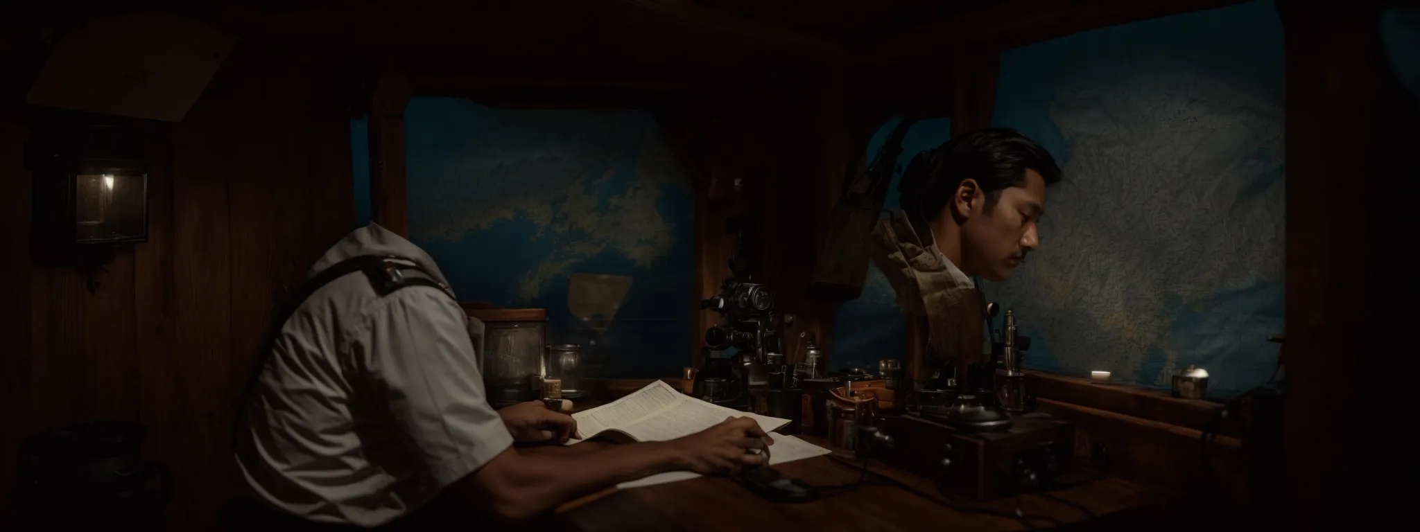 a captain at the helm of a ship, intently examining a navigational chart spread out on a wooden table under a dim cabin light.