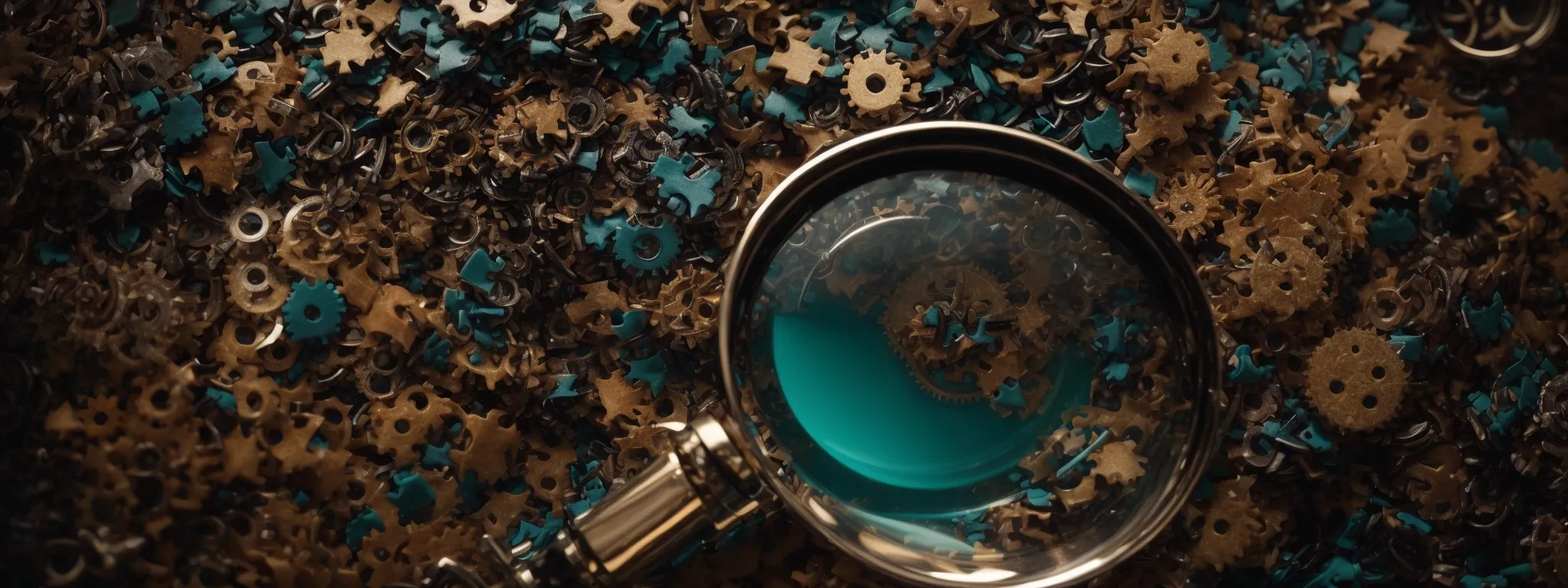 a magnifying glass hovering over a mix of puzzle pieces and cogwheels, representing the complexity and interconnectedness of search engine optimization factors.