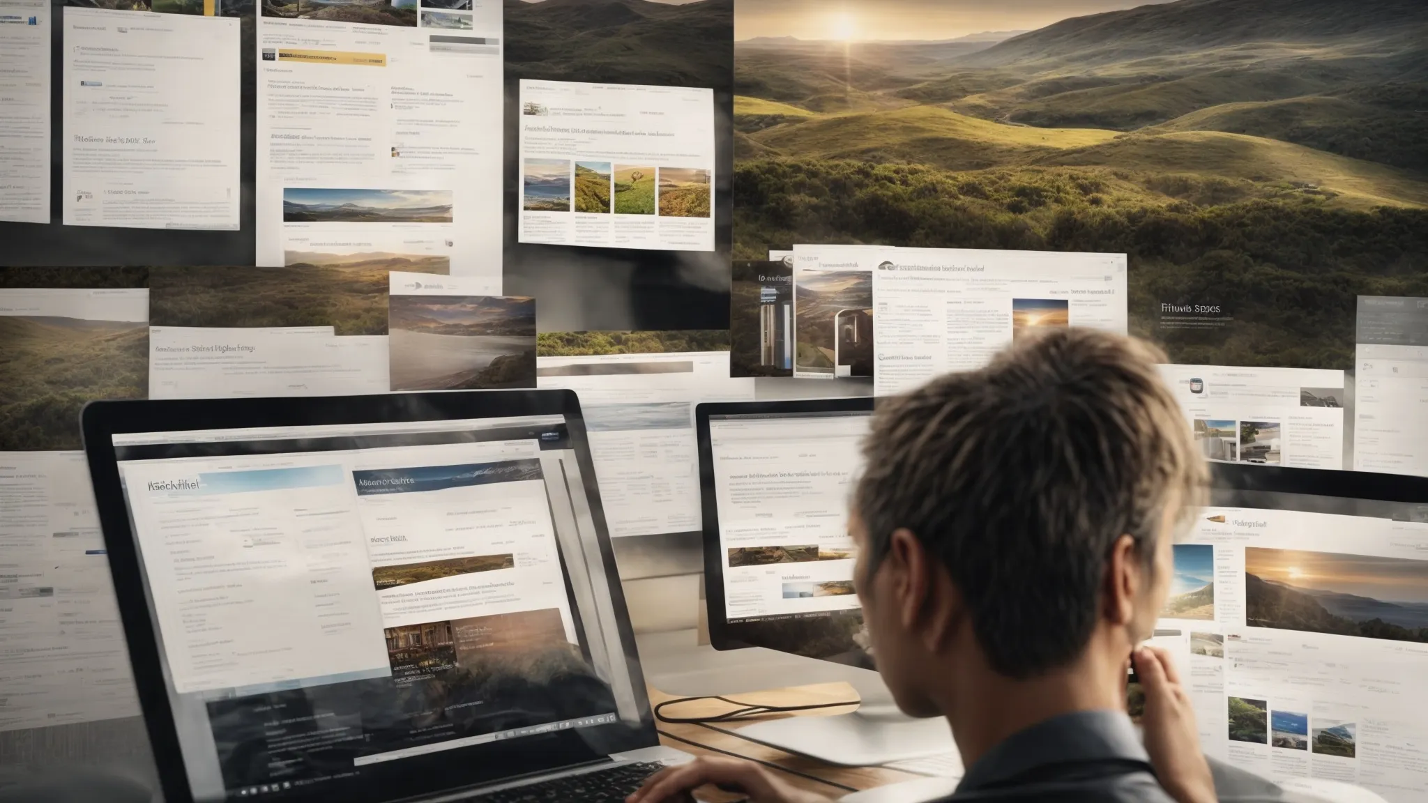 a marketer surveys a landscape of search engine results pages highlighted with sponsored ads and organic listings on a computer screen.