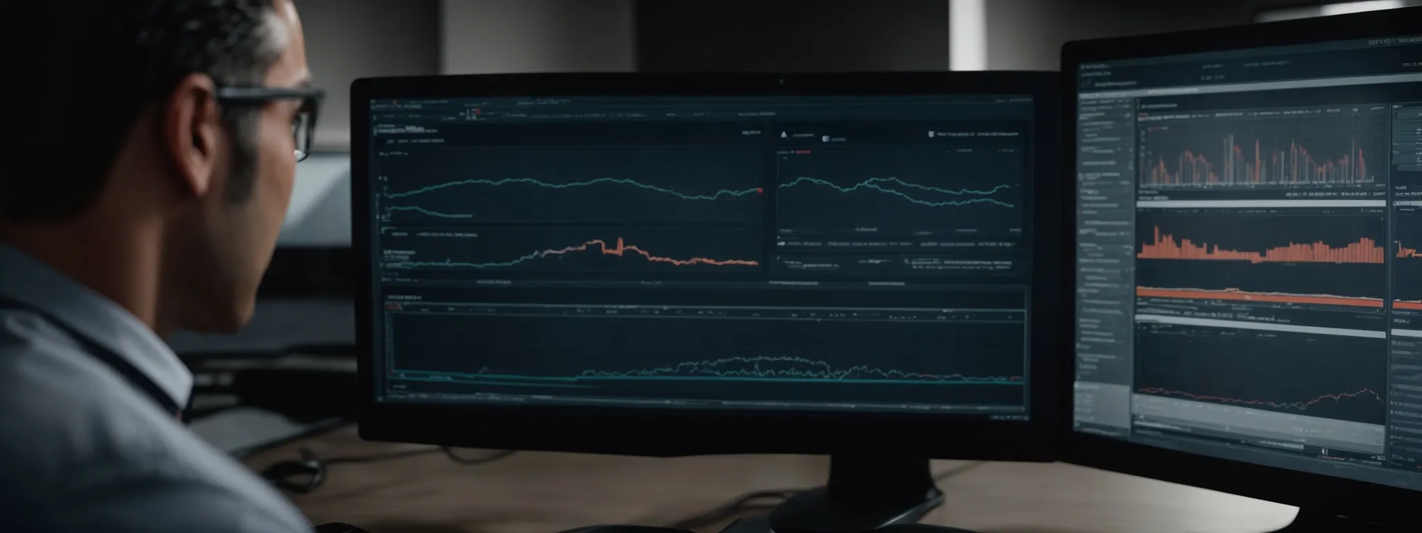 a professional with a focused gaze analyzes a streamlined interface on a computer screen, displaying various seo metrics and toolbar customization options.