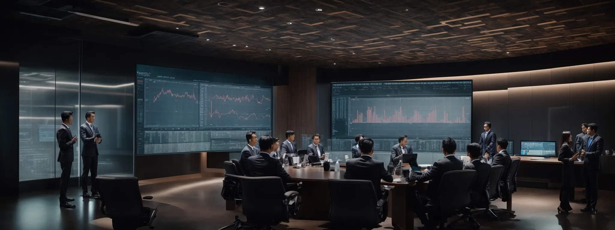 a corporate meeting room with a large screen displaying graphs and market trends where professionals are analyzing data.