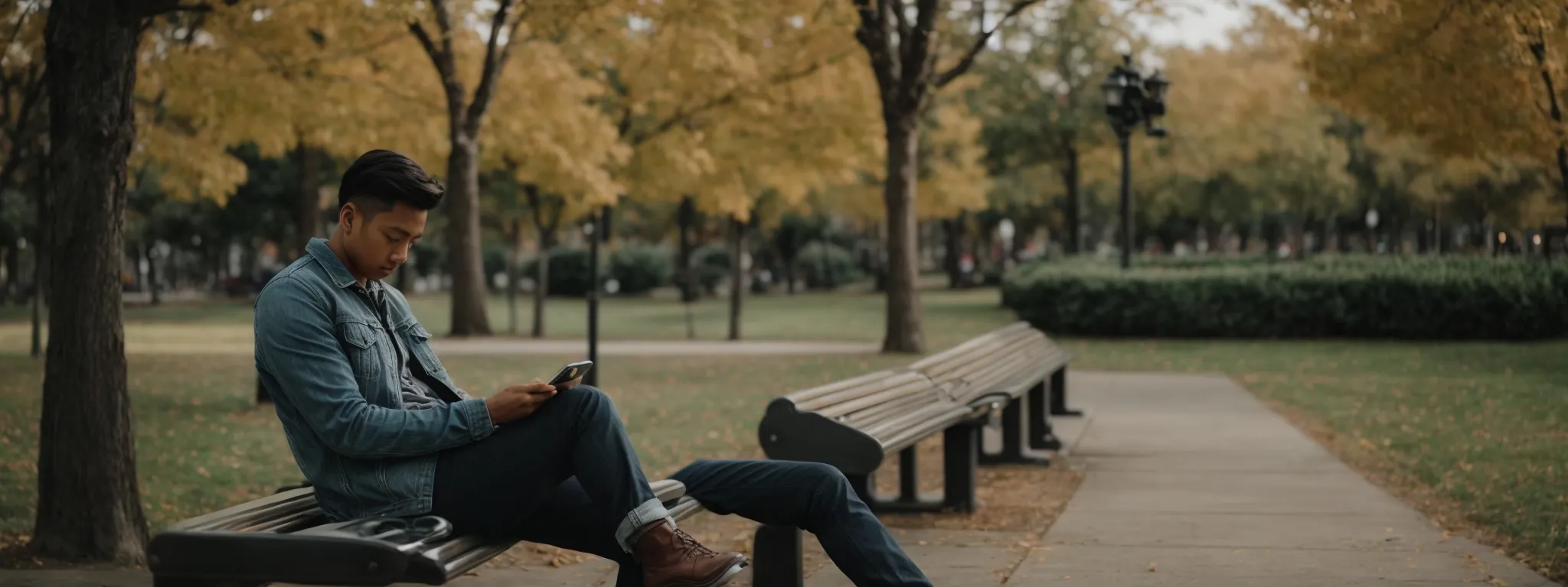 a person using a smartphone to effortlessly navigate a smoothly responsive website while sitting on a park bench.