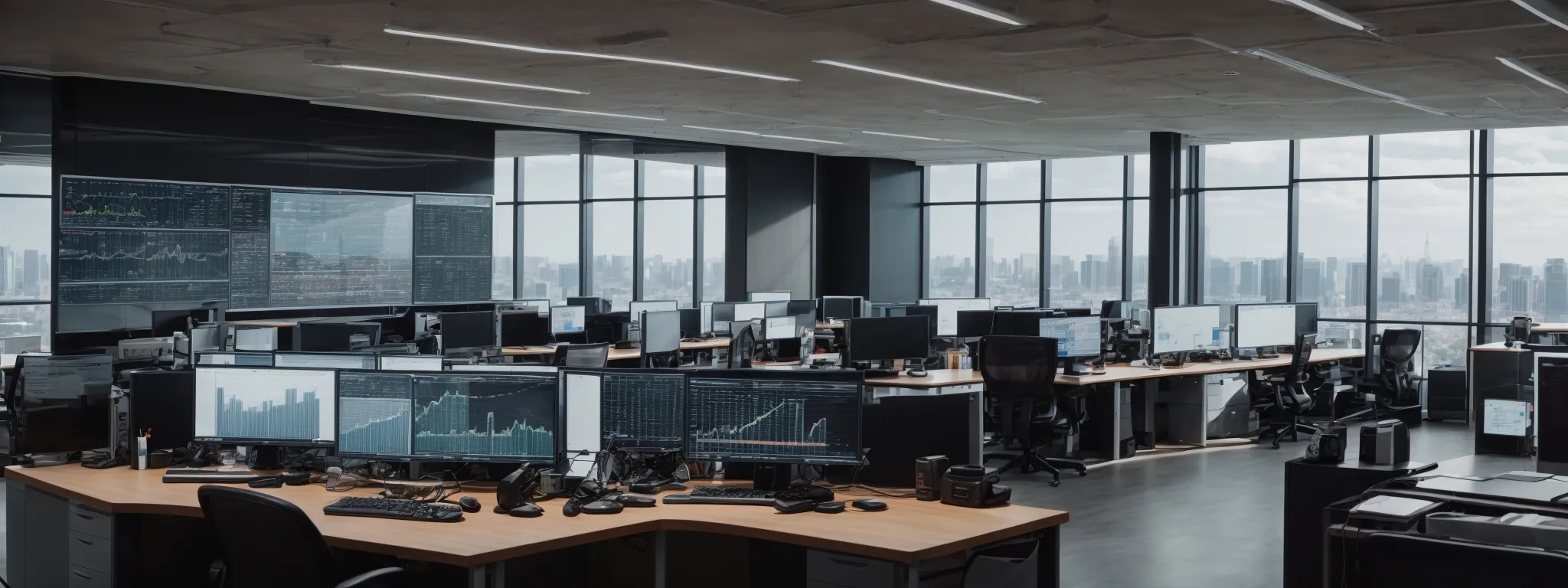 a panoramic view of a modern office environment with computer monitors displaying graphs indicating website traffic growth.