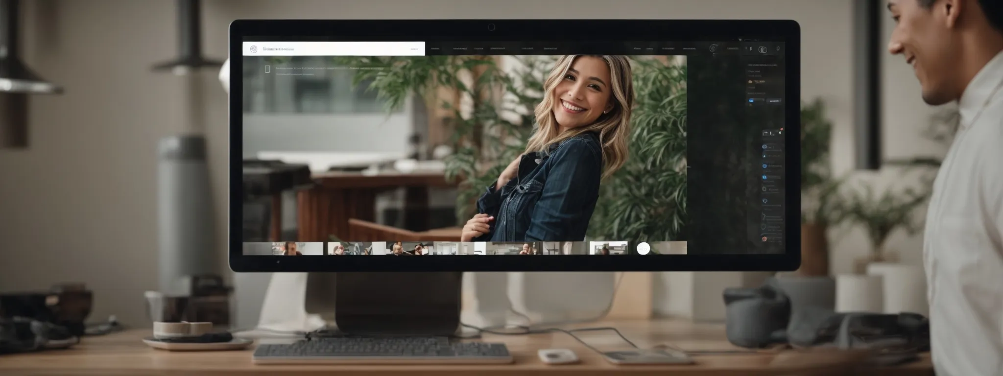 a user smiling with satisfaction while interacting with a streamlined and intuitive website interface on a computer screen.