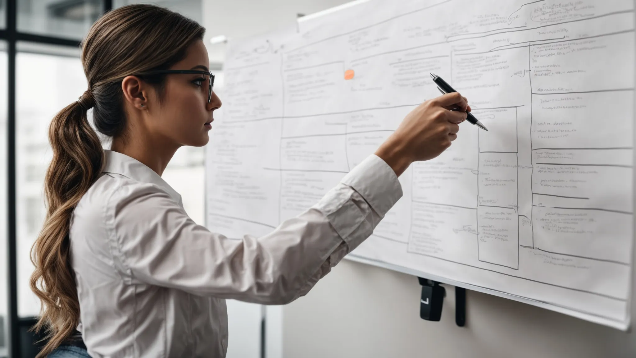 a marketer draws a flowchart on a whiteboard, strategizing seo tactics for accountancy firms.