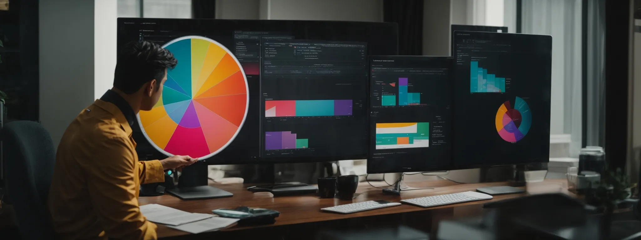 a marketer analyzing a colorful pie chart on a computer screen, reflecting seo strategy planning.