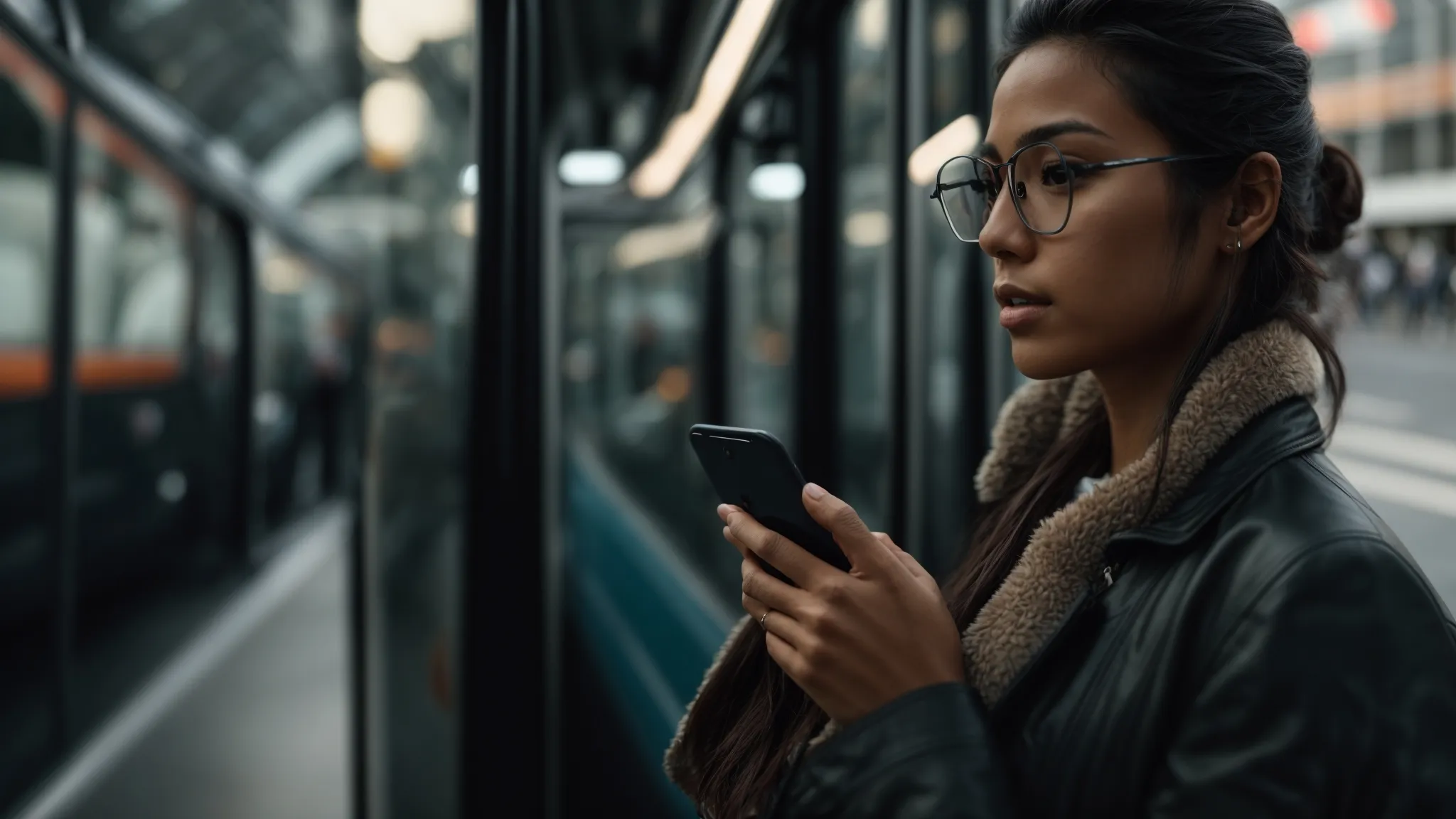 a person watching a high-resolution video on a smartphone while commuting.