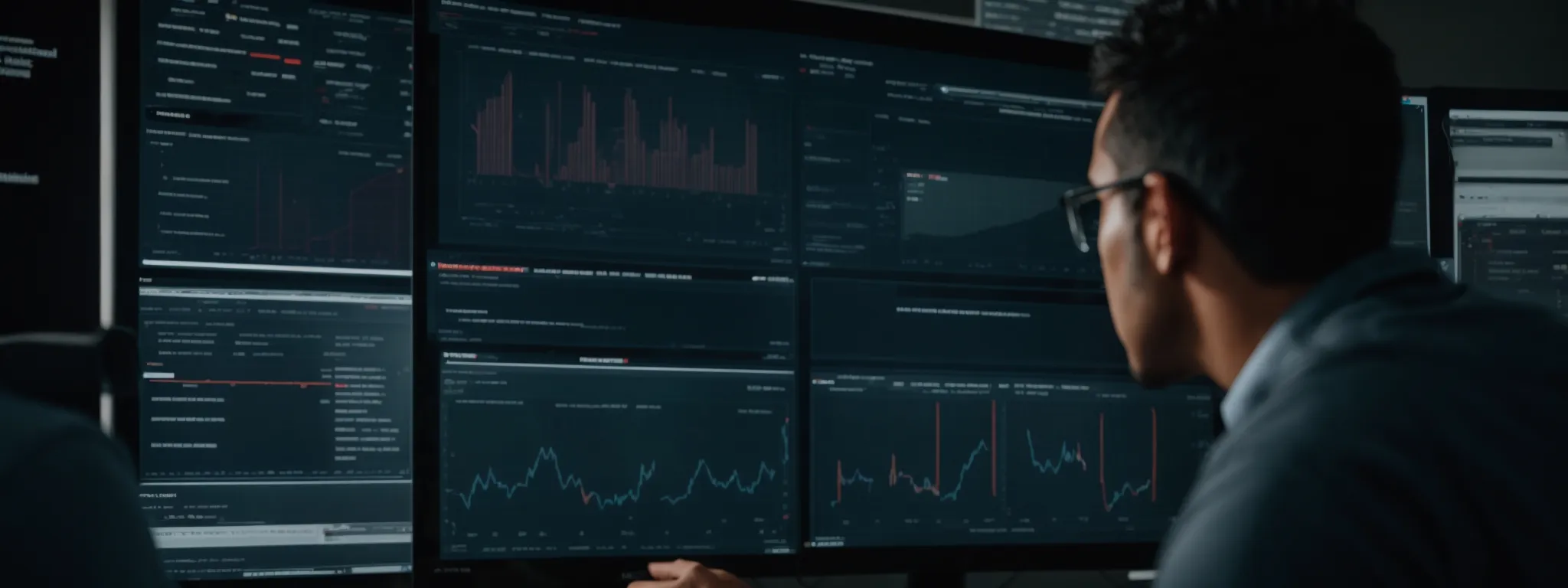 a digital marketer scrutinizes analytics on a computer dashboard, reflecting website traffic and rankings influenced by branded keywords.